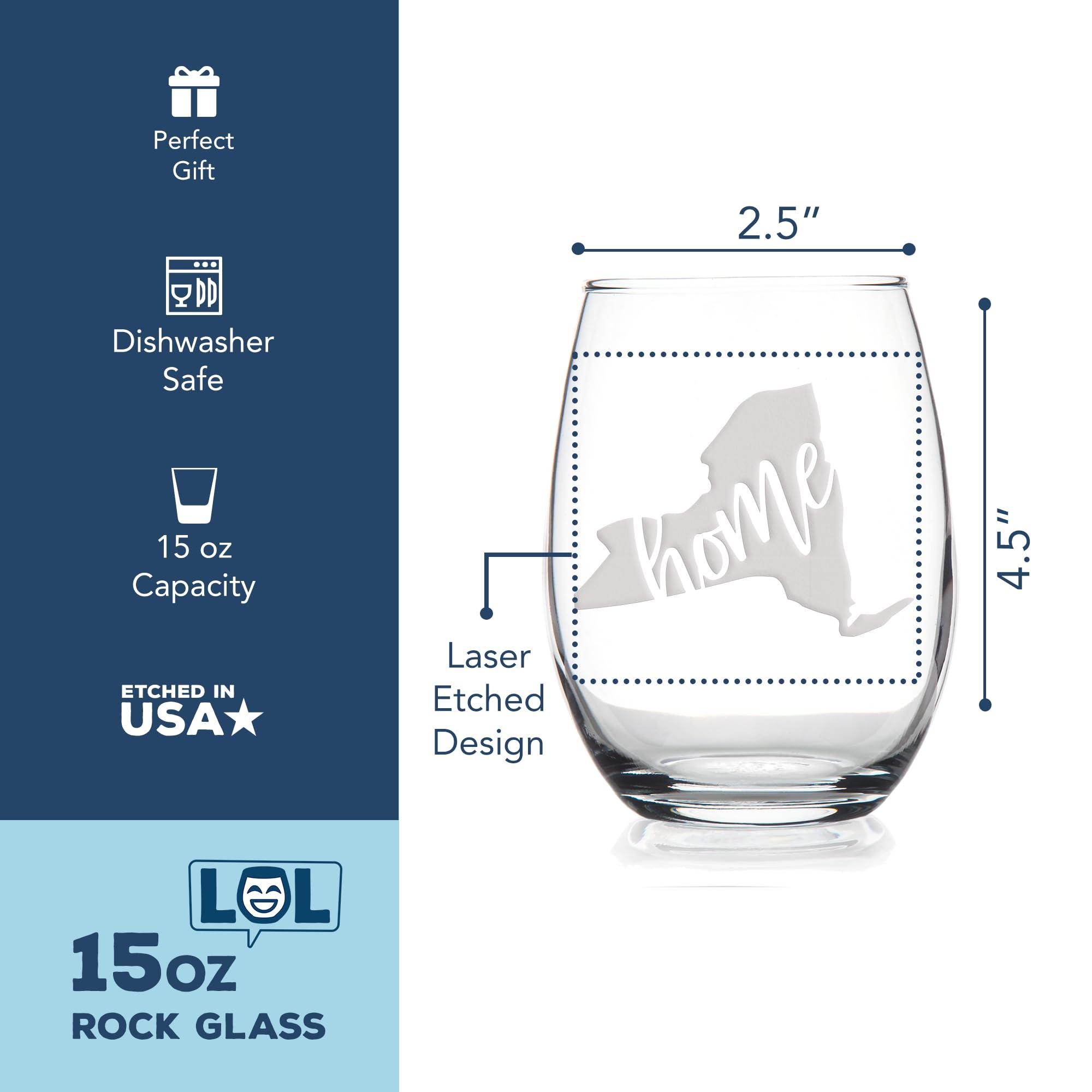 LOL Glass New York State Stemless Wine Glass - New York Gift, New York Wine Glass, New York Fan Gift