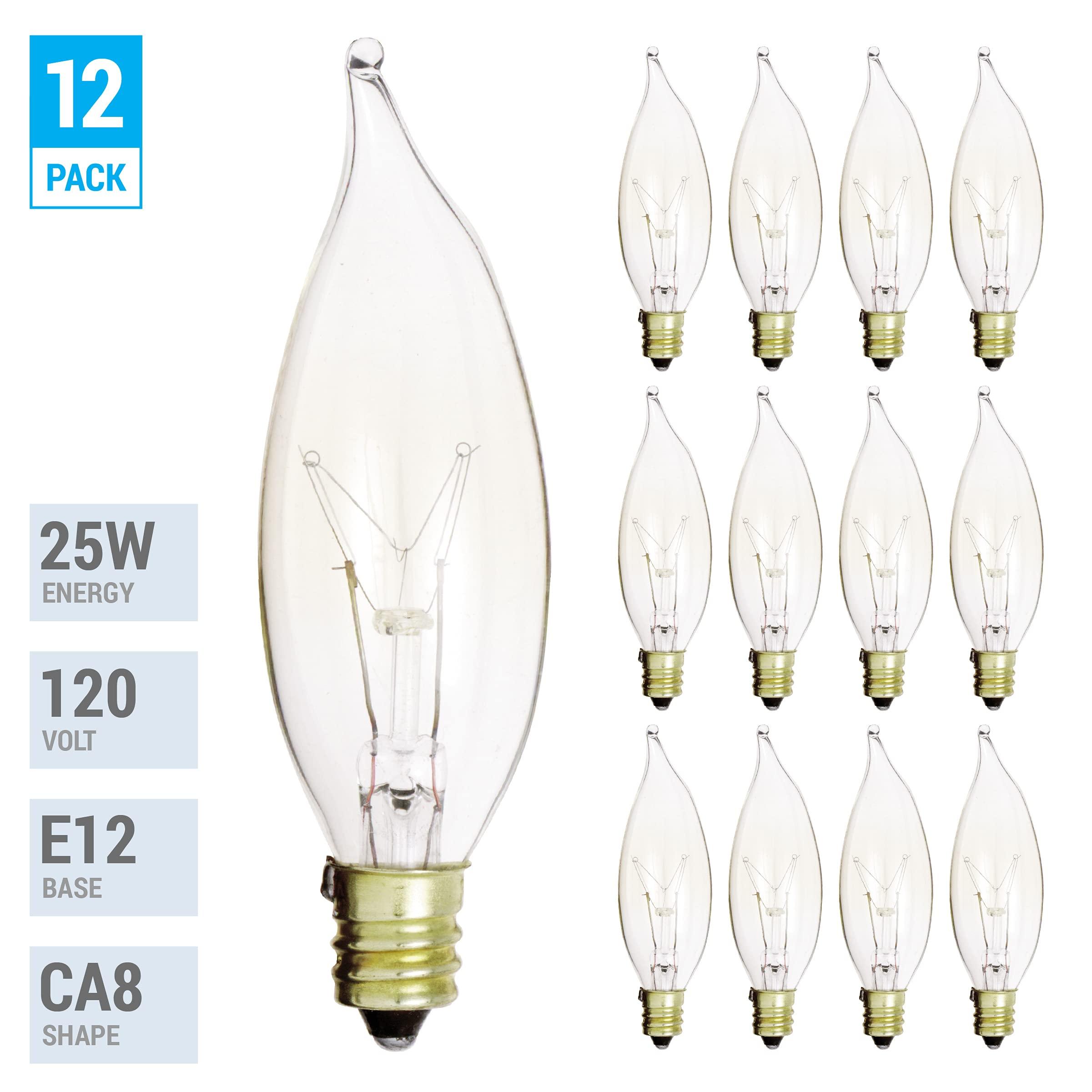 KOR KOR (Pack of 12) 25-Watt Clear Candelabra Base (E12) Flame Tip 120V Decorative Dimmable 25W Chandelier Lights Bulbs