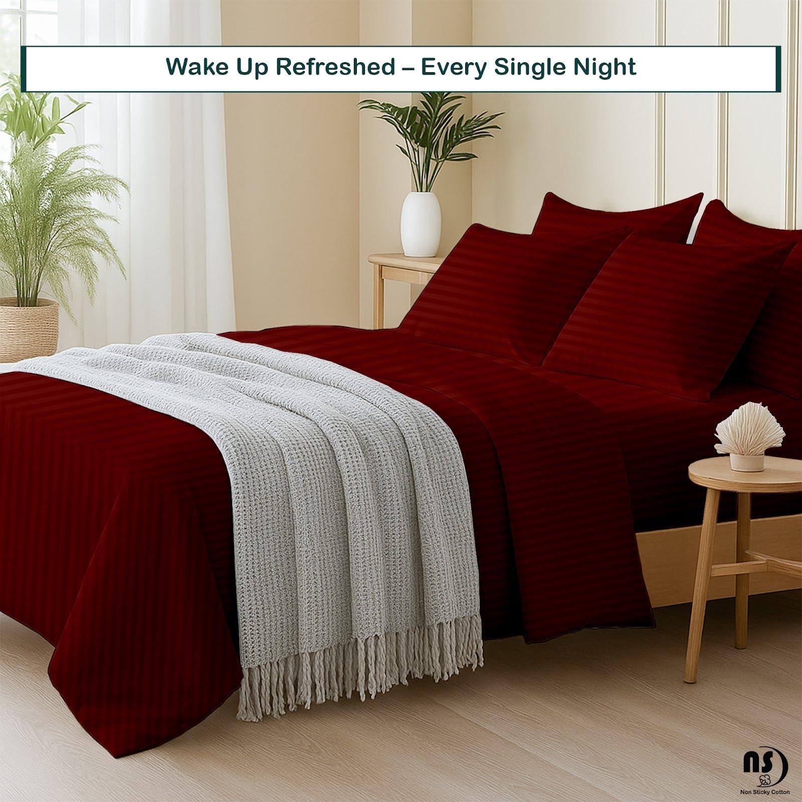 NON Sticky cotton Queen Size Sheet Set - 6 Piece Set - 400-Thread-Count 100% Egyptian Cotton Bed Sheets - Deep Pockets - Easy Fit - Bed Sheets Queen Size Set - Burgundy Stripe Bed Sheets - Queens Sheets - 6 PC