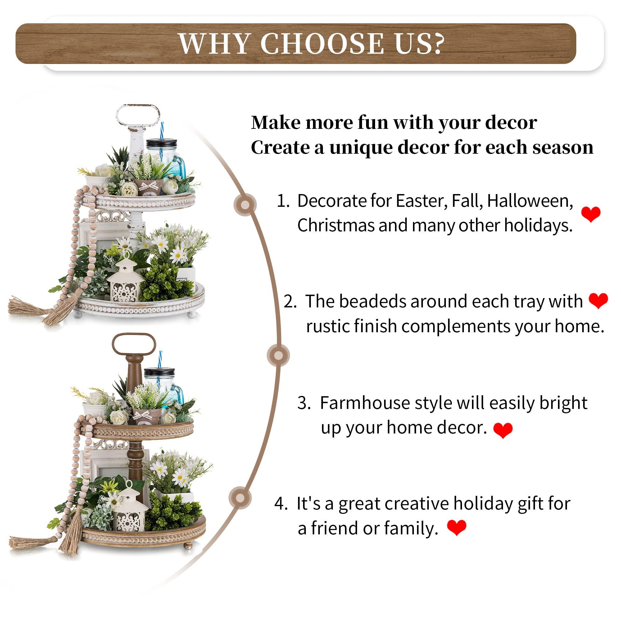 Hanobe Hanobe Two Tiered Tray Stand: Farmhouse 2 Tier Decorative Tray White Round Wooden Serving Tray Rustic Coffee Table Centerpieces Living Room Kitchen Home Decor Fall Halloween for Mom.