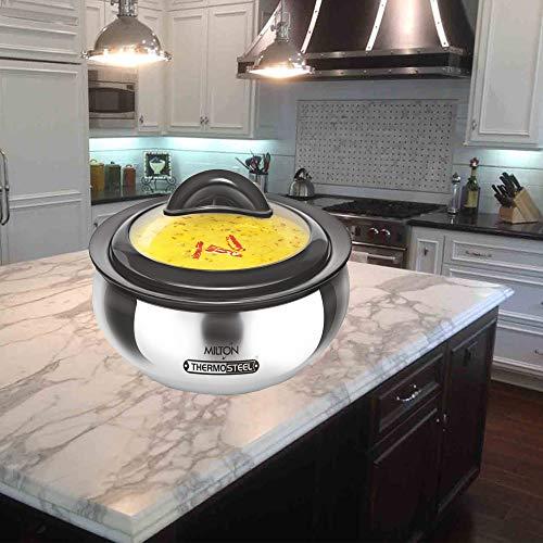 MILTON Milton Casserole with Glass Lid Set of 3 for Hot Food, Insulated Hot Pot, Stainless Steel, Serving Box (bowl, dish) for Food and Roti, Sizes 19 oz, 41 oz and 66 oz, Clarion