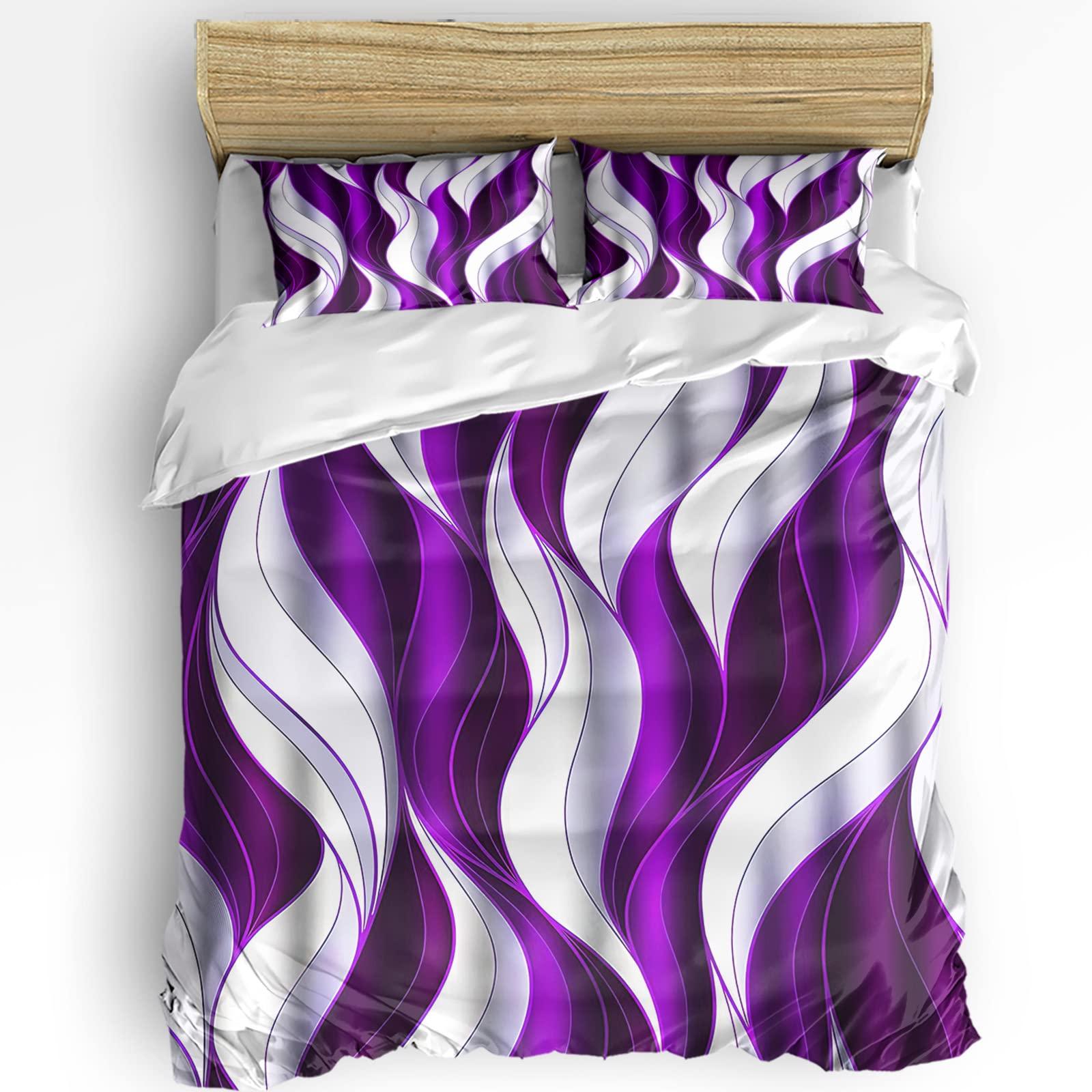 OComster Full Size Duvet Cover Set, Purple and White 3 Pieces Bedding Comforter Sets, Ombre Geometric Wave Stripe Abstract Art 86\" x 86\" Quilt Cover and 2 Pillow Sham