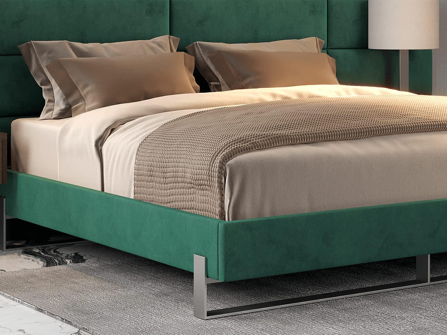 VANT VANT Elevated Platform Bed - Brushed Nickel - Queen Size - Velvet Emerald Green - Easy Assembly Bed Frame - No Box Spring Needed - Sleek Modern Design for Any Bedroom