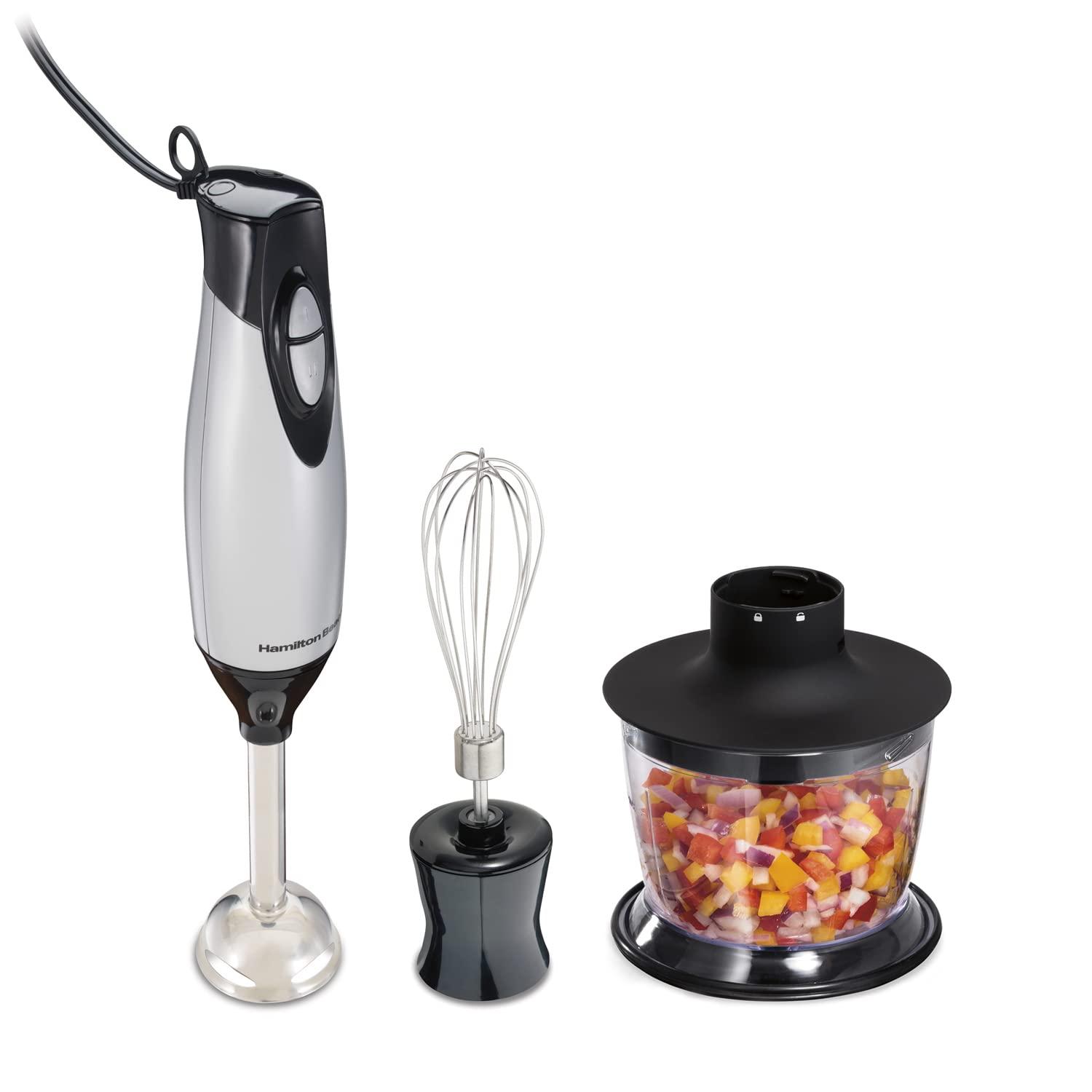 Hamilton Beach Hamilton Beach 4-in-1 Electric Immersion Hand Blender with Handheld Blending Stick, Whisk + 3-Cup Food & Vegetable Chopper Bowl, 2-Speeds, 225 Watts, Silver and Stainless Steel (59765)