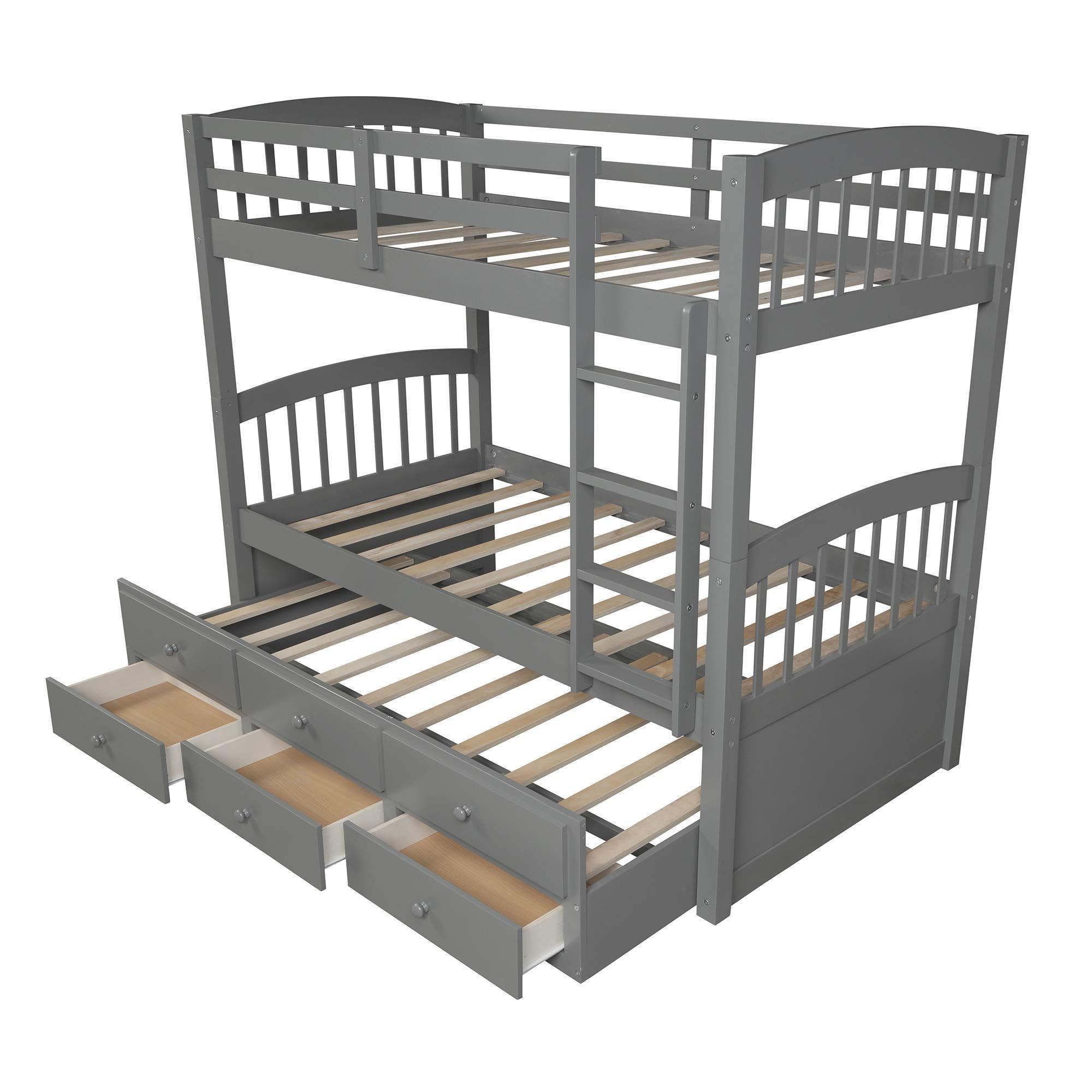 XD Designs XD Designs Twin Over Twin Bunk Bed with Trundle Bed and 3 Storage Drawers, Solid Wood Bed Frame with Ladder/Safety Rail for Kids, Teens Bedroom (Grey)