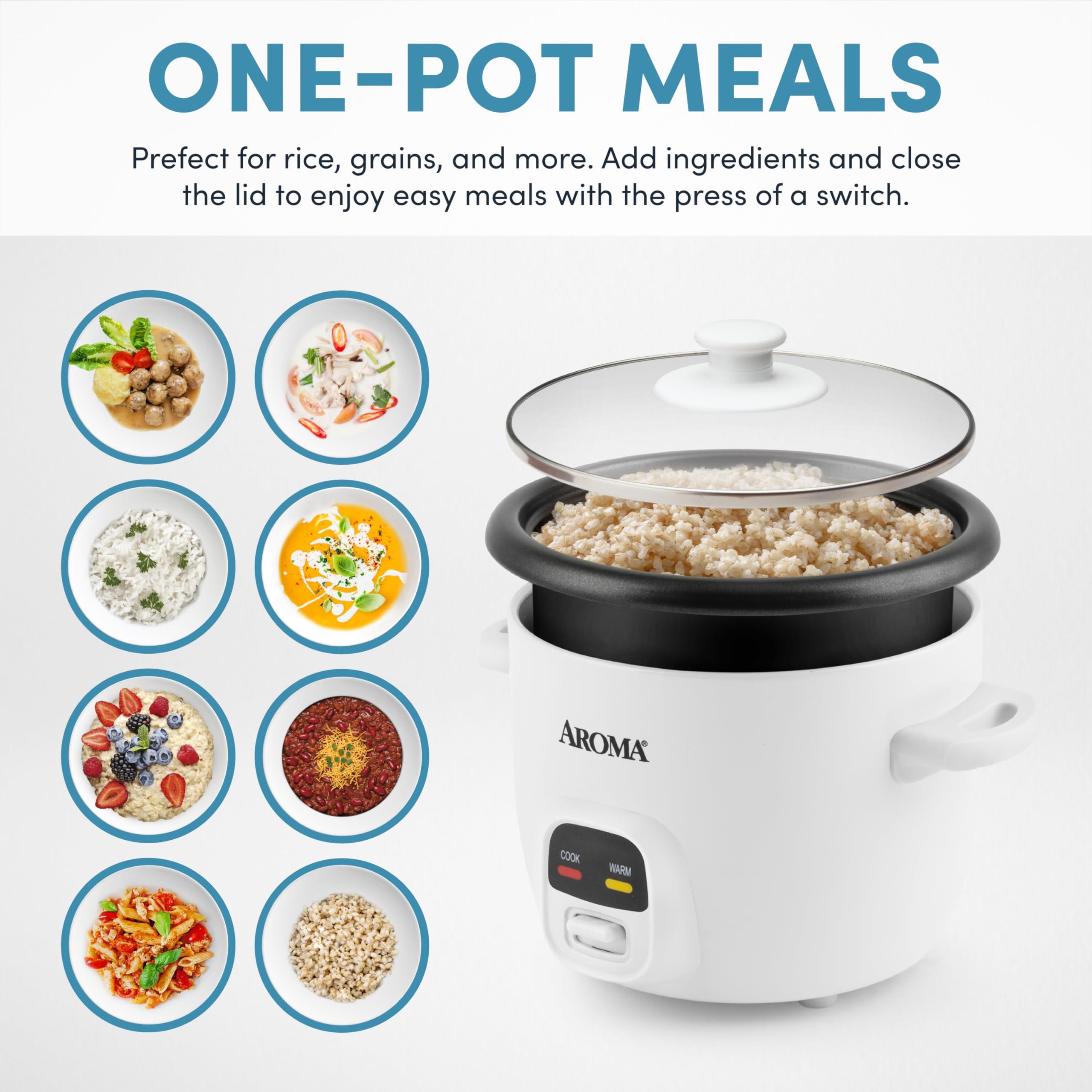 Aroma Housewares AROMA Rice Cooker, 3-Cup (Uncooked) / 6-Cup (Cooked), Small Rice Cooker, Oatmeal Cooker, Soup Maker, Auto Keep Warm, 1.5 Qt, White, ARC-393NG