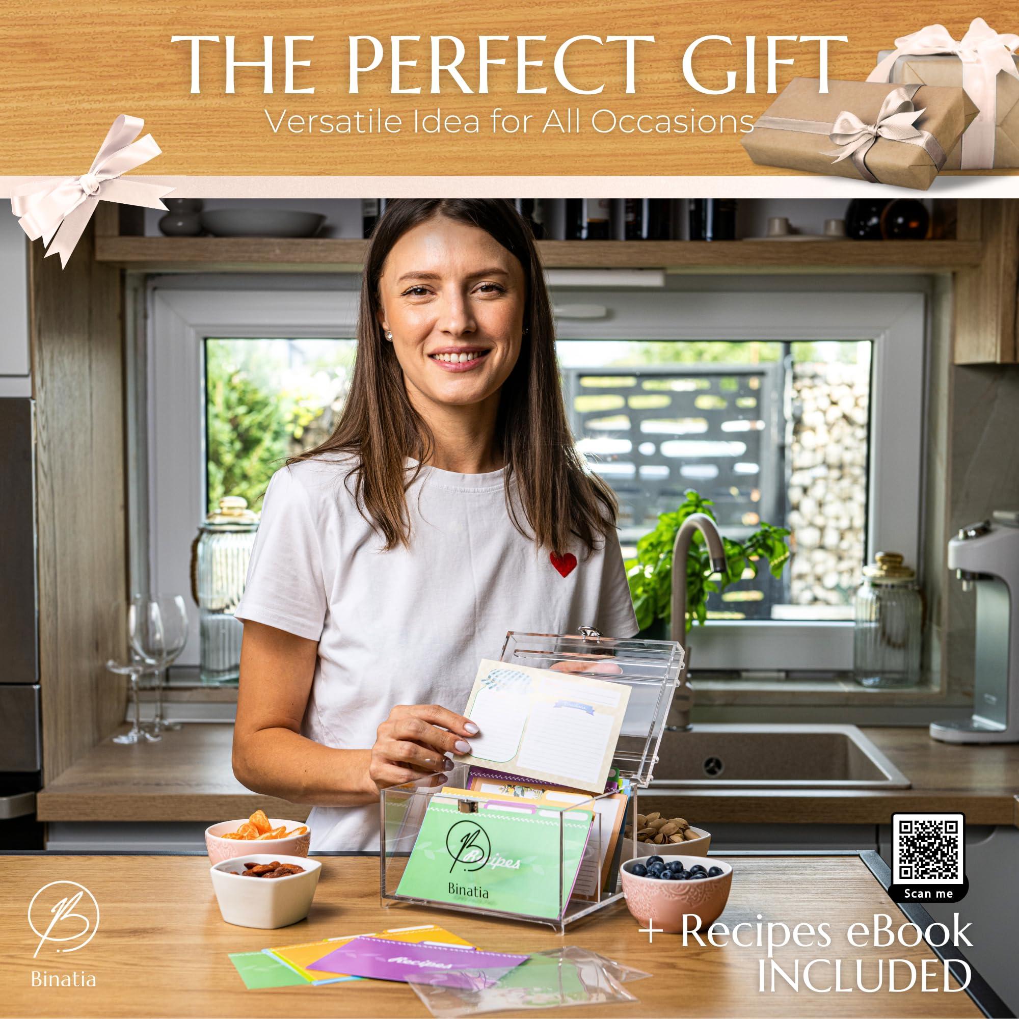 Binatia Recipe Box 50 Double-Sided Cards 4x6 Recipe cardsClear Acrylic Organizer with, Index Card Holder, Dividers, Bonus Recipe Book for Personalizing Your Own Recipes, Dimensions: 7.08\"x5.51\"x5.31\"