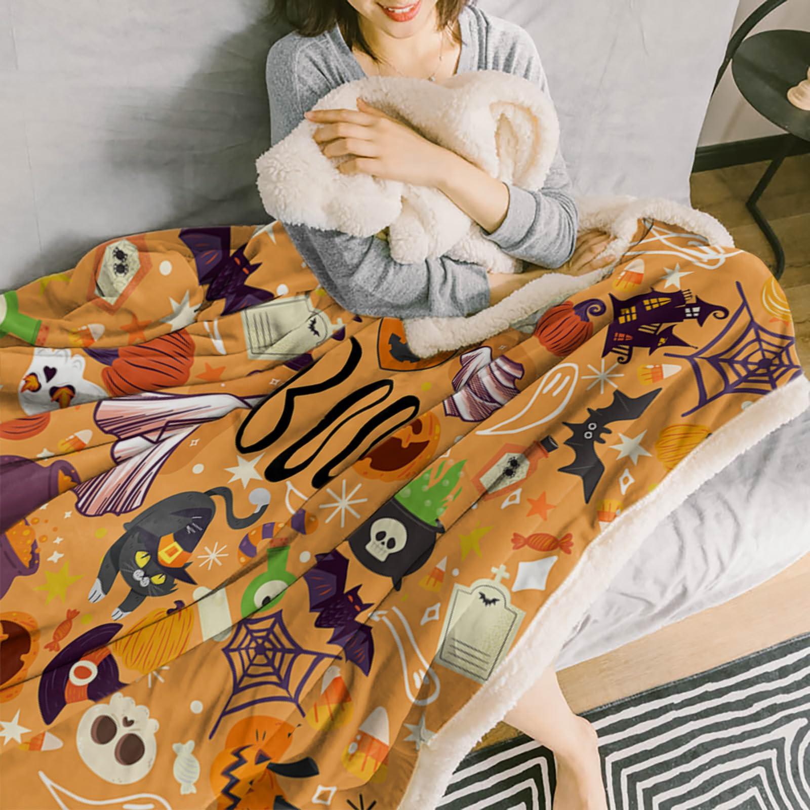 Sabolny Sabolny Halloween Sherpa Throw Blankets for Bed Couch Sofa, Soft Reversible Plush Fluffy Fleece Fannel Blanket Throws Clearance Decorative in Winter Spooky Pumpkin Horror Ghost Skull Orange 49\"x59\"