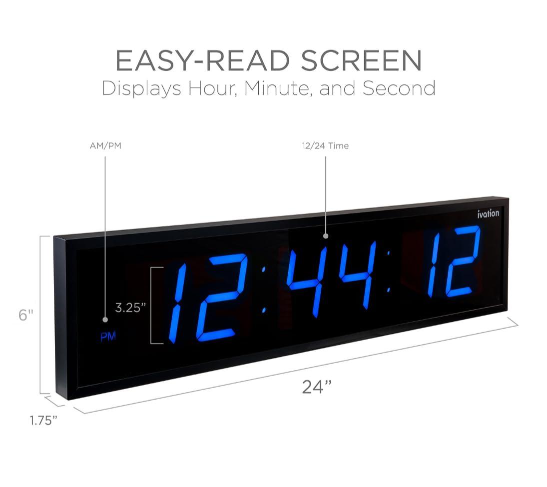 Ivation Ivation Oversized Large Digital Wall Clock - Big LED Digital Clock w/Large Display, Shelf or Wall Mount (24 Inch - Blue) 6 Brightness Levels | Time Memory | Remote, Mounting Holes & Hardware
