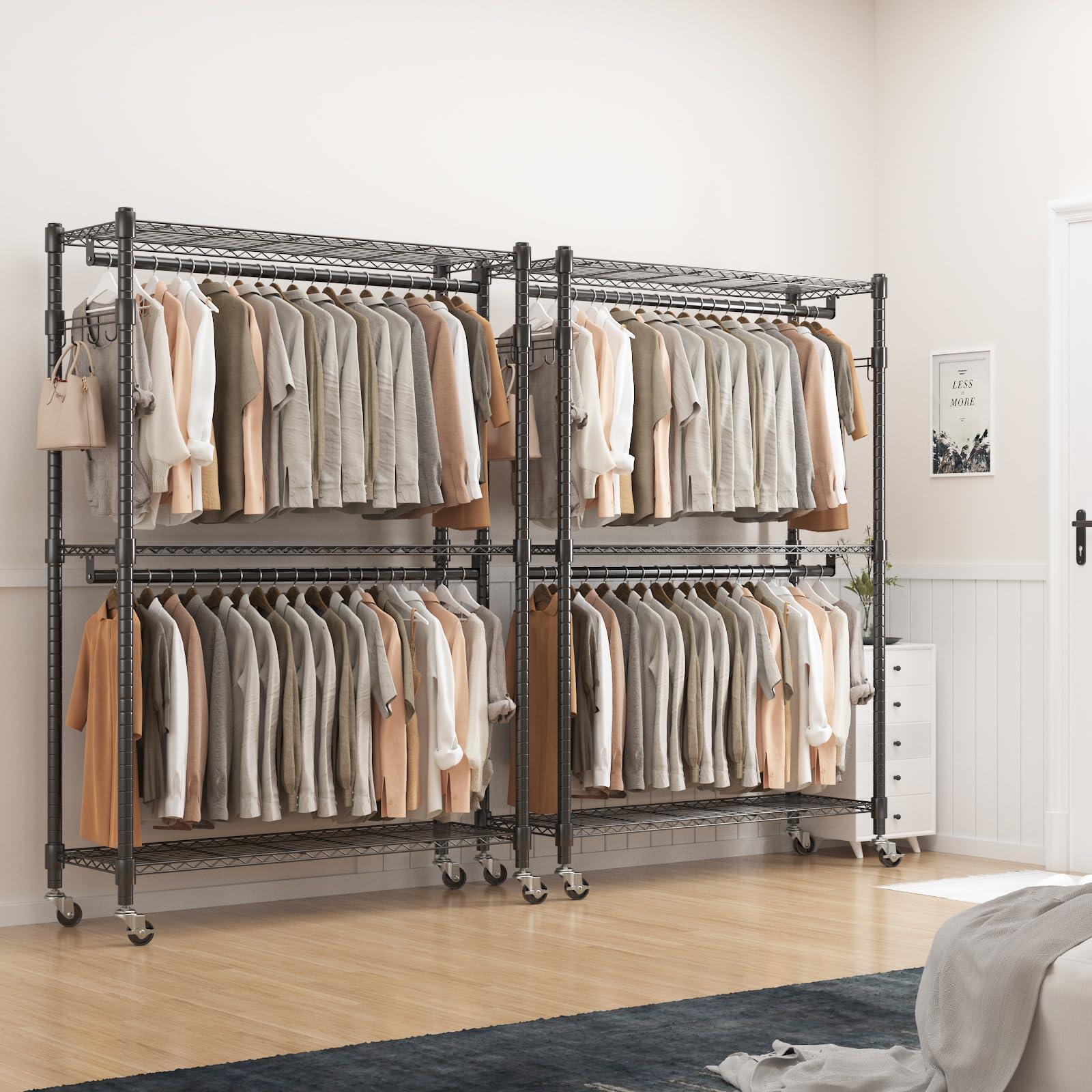 BATHWA BATHWA Heavy Duty Garment Rack on Wheels, Rolling Clothes Racks for hanging clothes, Simple Sturdy Wardrobe Rack with Double Hanging Rods, 8 Side Hangers, Black