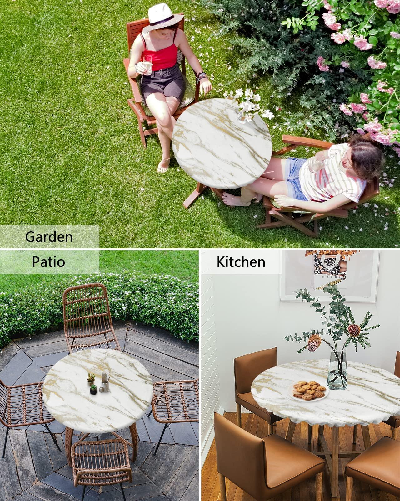 Chees D Zone Chees D Zone Fitted Round Marble Table Cloth,Gold Cracked Line Kitchen Table Cover with Elastic Edge Waterproof Table Cloth,Modern Abstract Art Circle Table Covers for Indoor Outdoor 45-54in