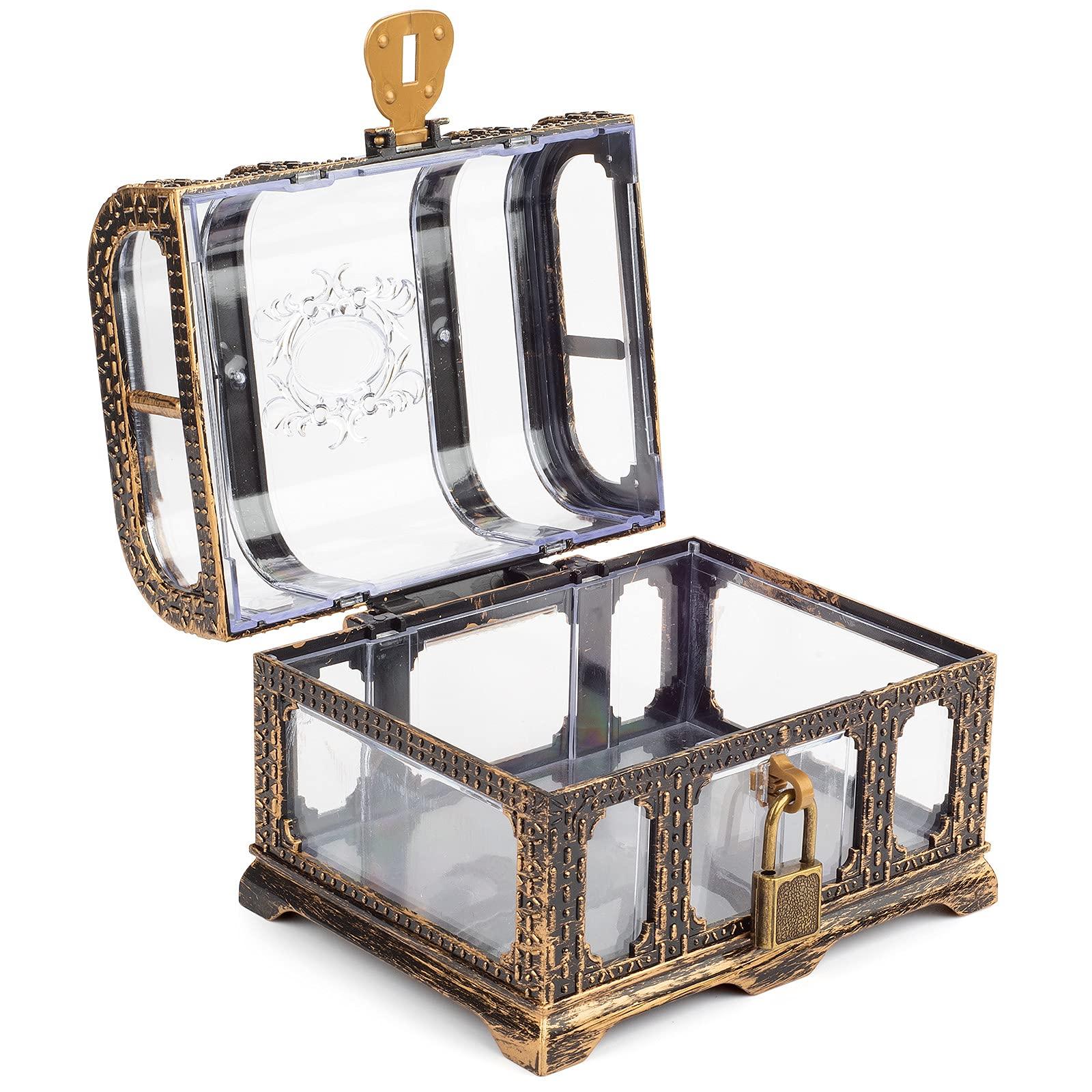 Pemalin Plastic Transparent Antique Pirate Treasure Box with Lock and Key, Treasure Toy Box Prizes for Kids, Pirate Party Decor