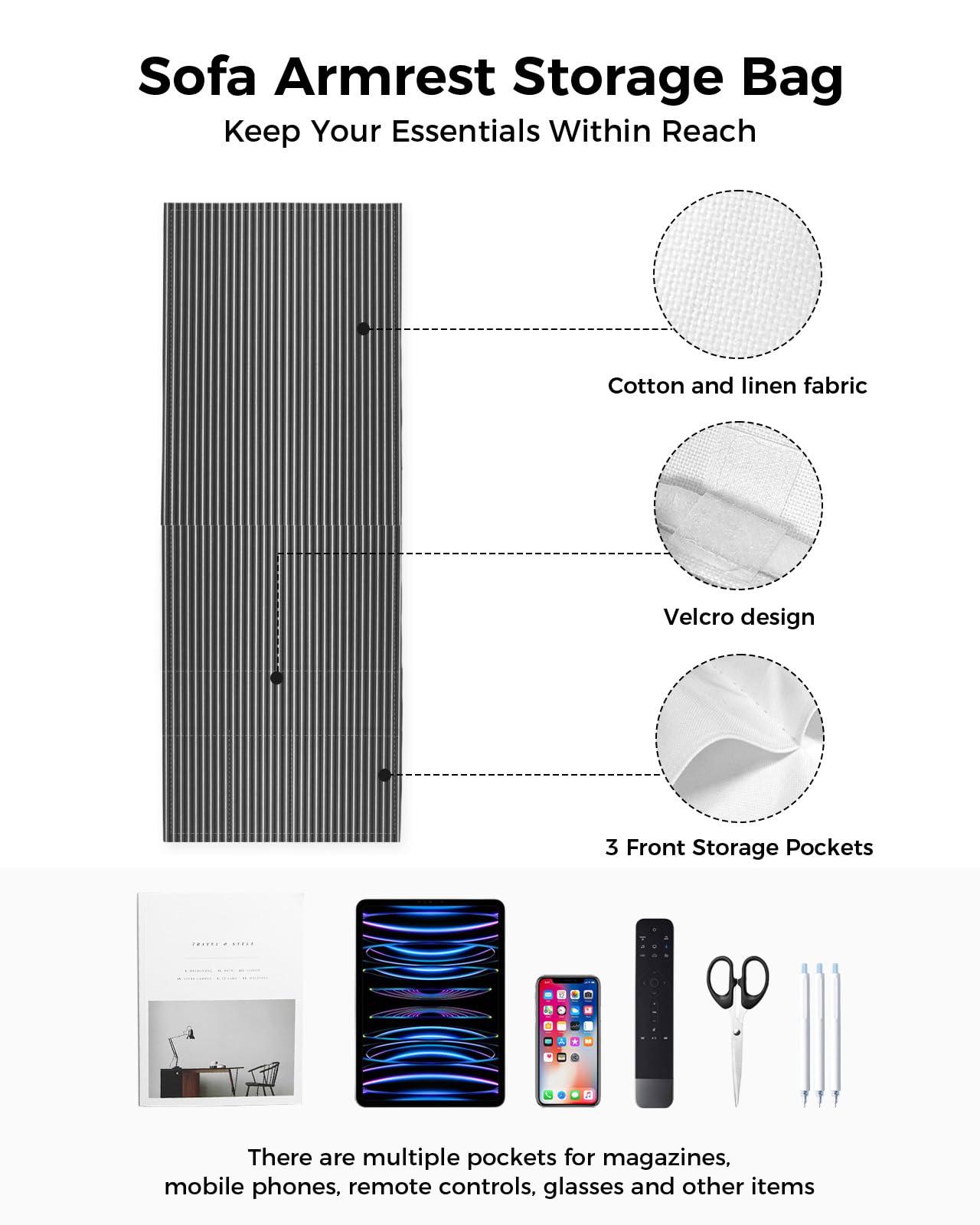 LBCASA LBCASA Sofa Armrest Organizer Bedside Caddy, Grey Striped Non Slip Couch Remote Control Holder for Recliner, Gray Modern Abstract Art Aesthetics Arm Chair Caddy with Pocket for Magazine, 13\"x35\"