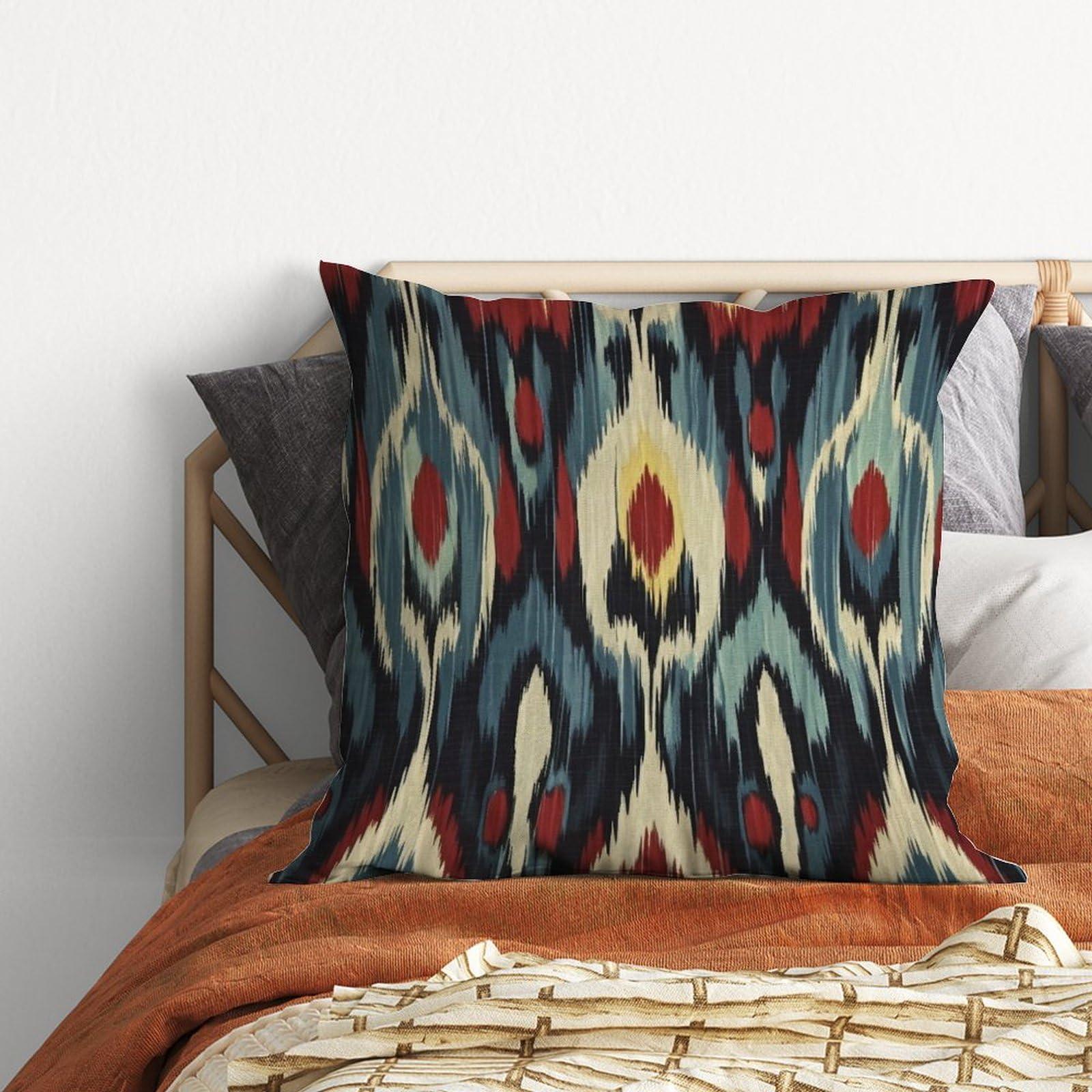 Zyadsinoudor Zyadsinoudor Asian Style Throw Pillow Case Blue Red Cream Ikat Cushion Cover Traditional Chinese 22x22in Decorative Pillow Home Cotton Linen Artistic Pillow Cover for Living Room Bedroom Chair Couch