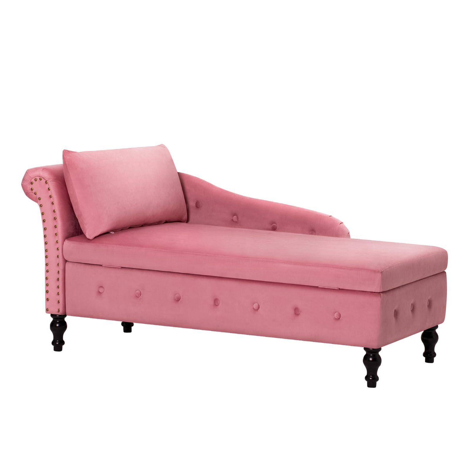 ACMEASE ACMEASE Upholstered Velvet Chaise Lounge with Left Armrest & Storage Space,Button Tufted Lounge Chair w/Lumbar Pillow,Modern Lounge Chair for Bedroom, Living Room and Office,Pink