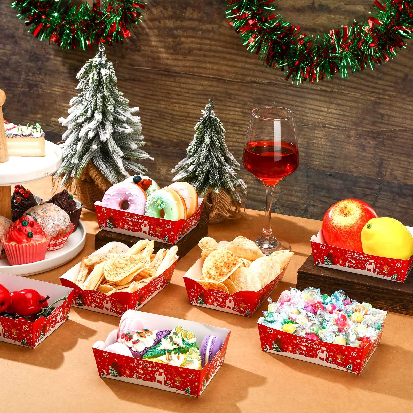 Cunhill Cunhill 60 Pack Christmas Party Supplies Christmas Plates Paper Serving Tray Paper Food Boats Food Tray for Concession, Condiment, Carnivals (Tree)