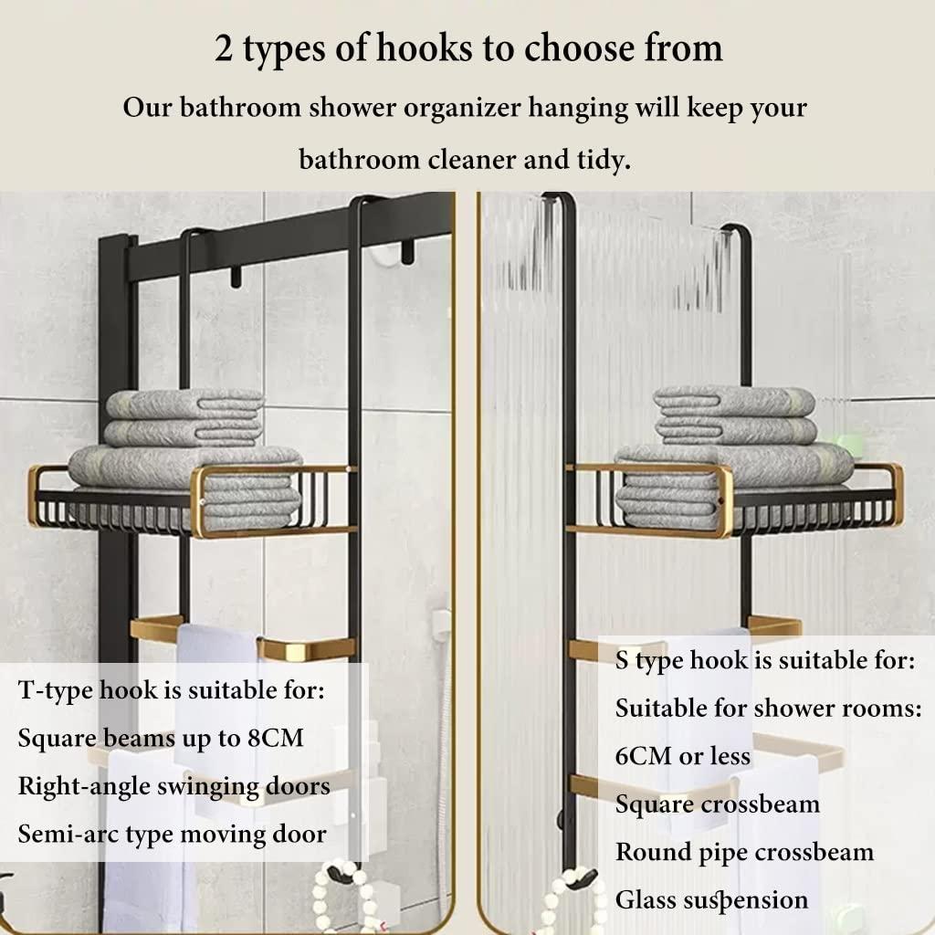 GIZNXBA Over The Door Shower Caddy With Towel Holder, Hanging Shower Organizer With 2 Hooks, Over Door Shower Caddy For Door, Shower Rack Organizer For Bathroom ( Color : /Silver T-type hook , Size : 50cm )