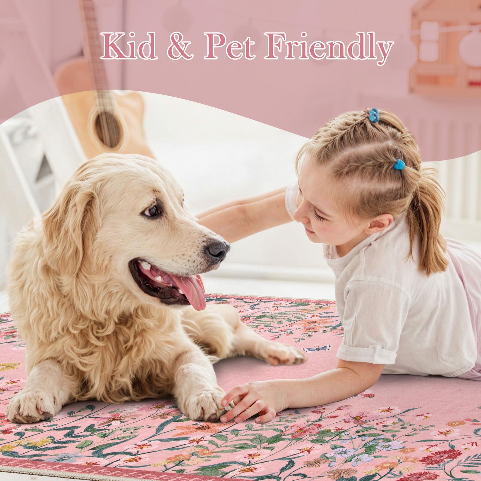 Wonnitar Wonnitar Washable Rug, 5x7 Pink Rugs for Living Room, Floral Print Non-Slip Pink Area Rugs for Bedroom Girls, Soft Large Throw Carpet for Kids Nursery Room (Pink,5'x7')