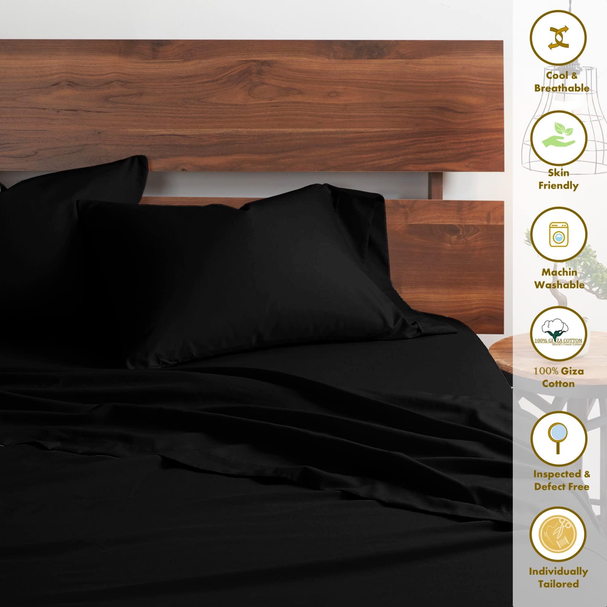 Lupsty My-100%-Certified-Giza-Cotton-Pillow-Sheet, Giza Egyptian Sheet Set Split King Size Size, Soft Sateen Weave, Breathable Fabric, Fits Upto 12-Inch Deep Pocket - Split King Size, Black