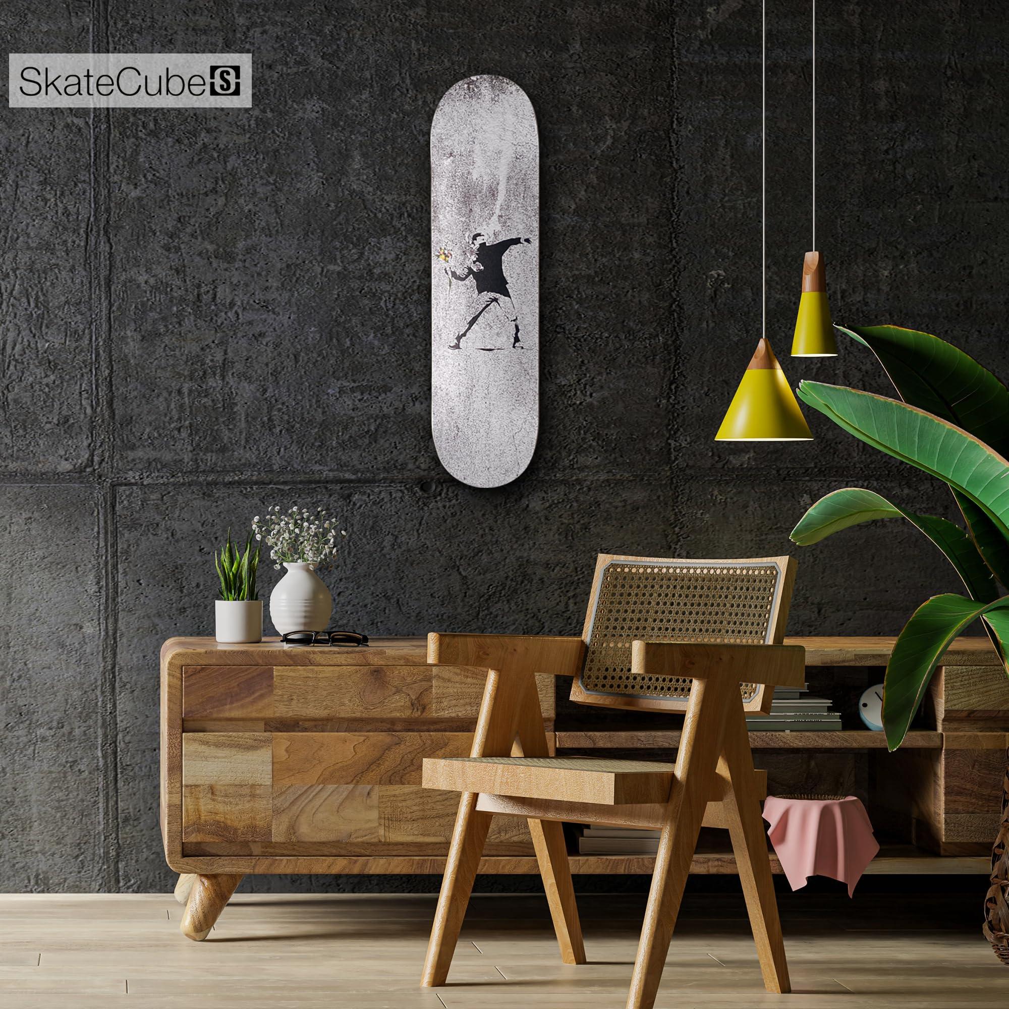 SkateCube Skateboard Canvas Wall Art Banksy Flower Thrower Art | 7 Ply Maple Wood Skateboard Deck | Graffiti Canvas Wall Art for Home Decor, Room Decor, Bathroom Wall Decor | Banksy Wall Art Canvas Large |