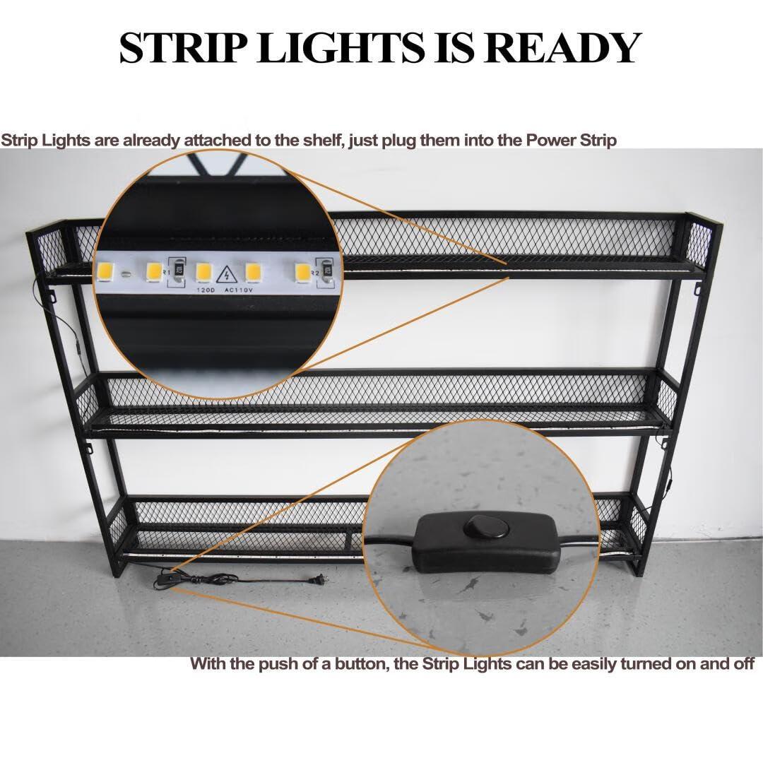 GWLQRTXV GWLQRTXV X2 39in Wine Rack with LED Lighting Wall Mounted Glass Holder, 3-Tiers Liquor Bottles Shelves Display Storage Organizer Hanging Long Stemware Goblet Metal for Home Mini Bar Cellar Black
