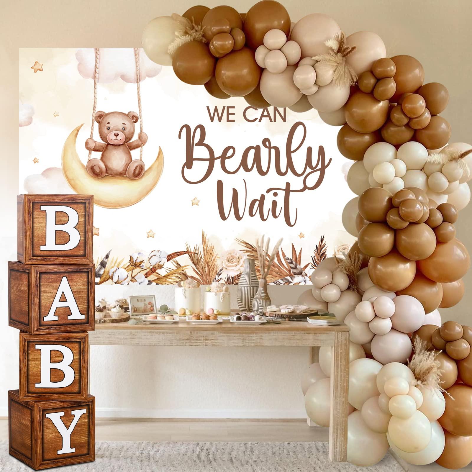 DataMoon DataMoon Teddy Bear Baby Shower Party Decorations - Wood Grain Boxes with Baby Letters, 90PCS Nude and Brown Balloons, Boho Backdrop We Can Bearly Wait for Baby Shower, Gender Reveal,Birthday Party