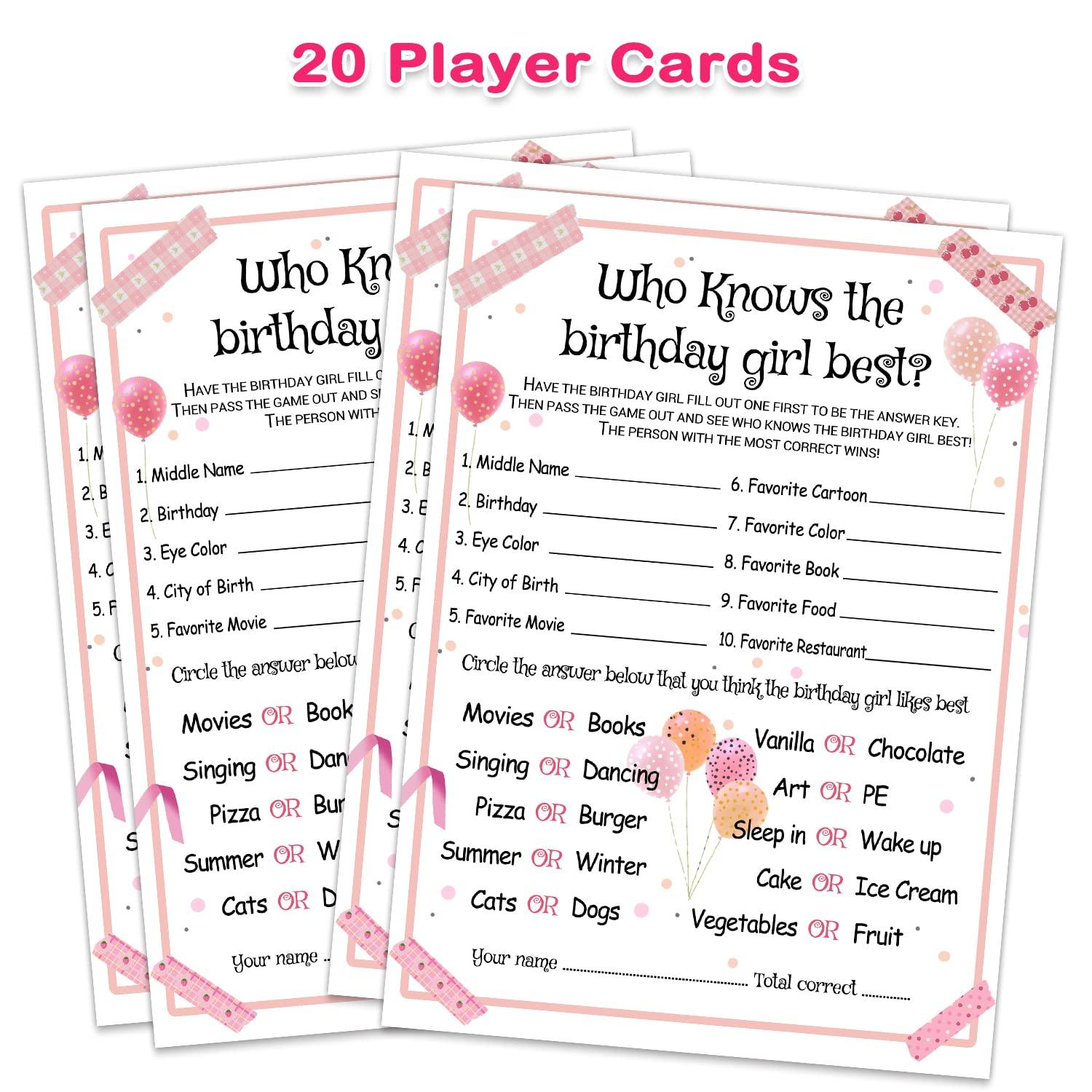 ALodr Who Knows The Birthday Girl Best - Birthday Girl Party Game - Girl Birthday Party Activity Notebook Themed Party Activity and Idea - Girl Birthday Supplies, Activity, Decorations - 20 Game Cards