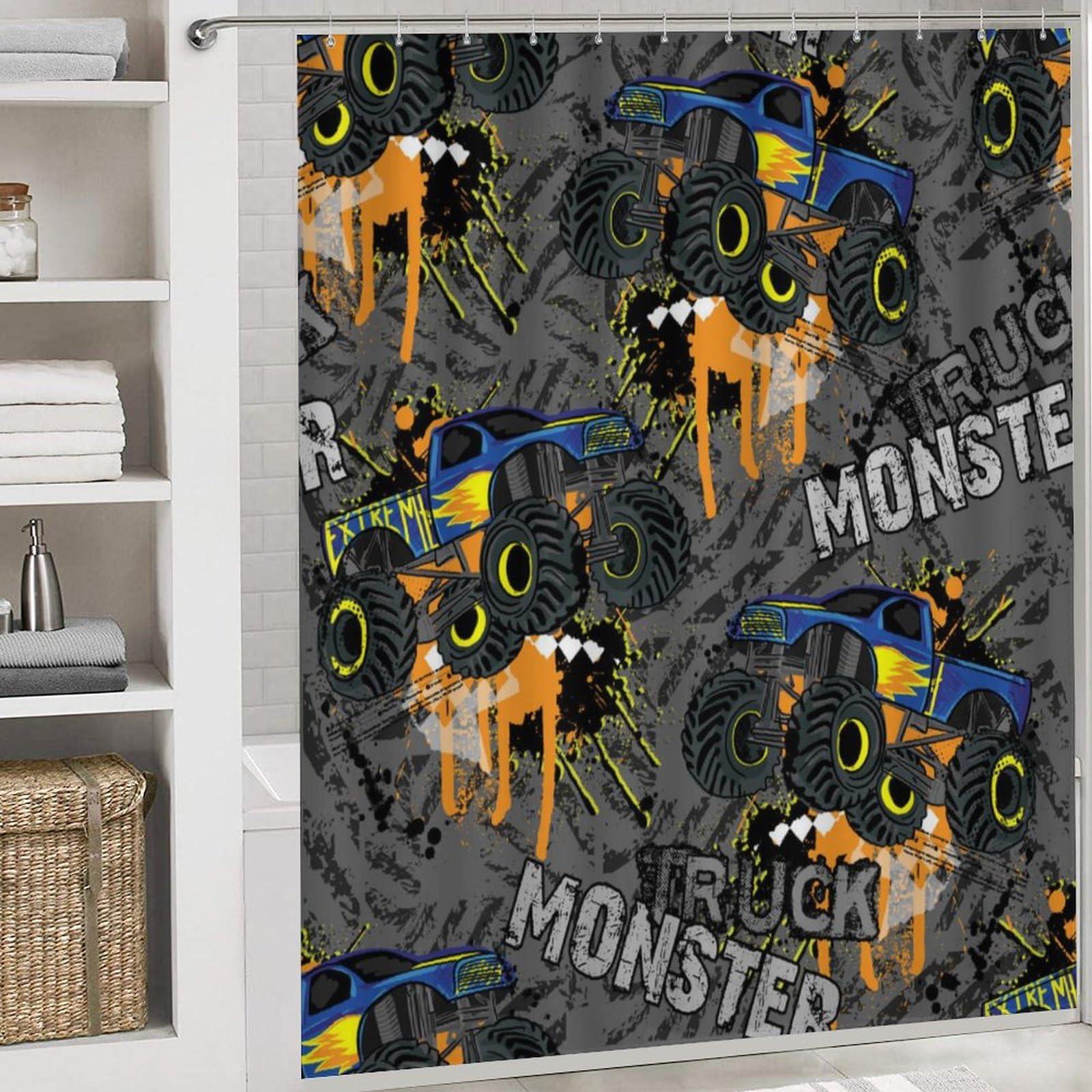 JretailAx Abstract Monster Truck Car Shower Curtain Sets 4 Piece,Boys Shabby Paint Style Sports Theme Monster Trucks Bathroom Decor Sets with Rugs Include Waterproof Non-Slip Toilet Lid Cover Bath Mat