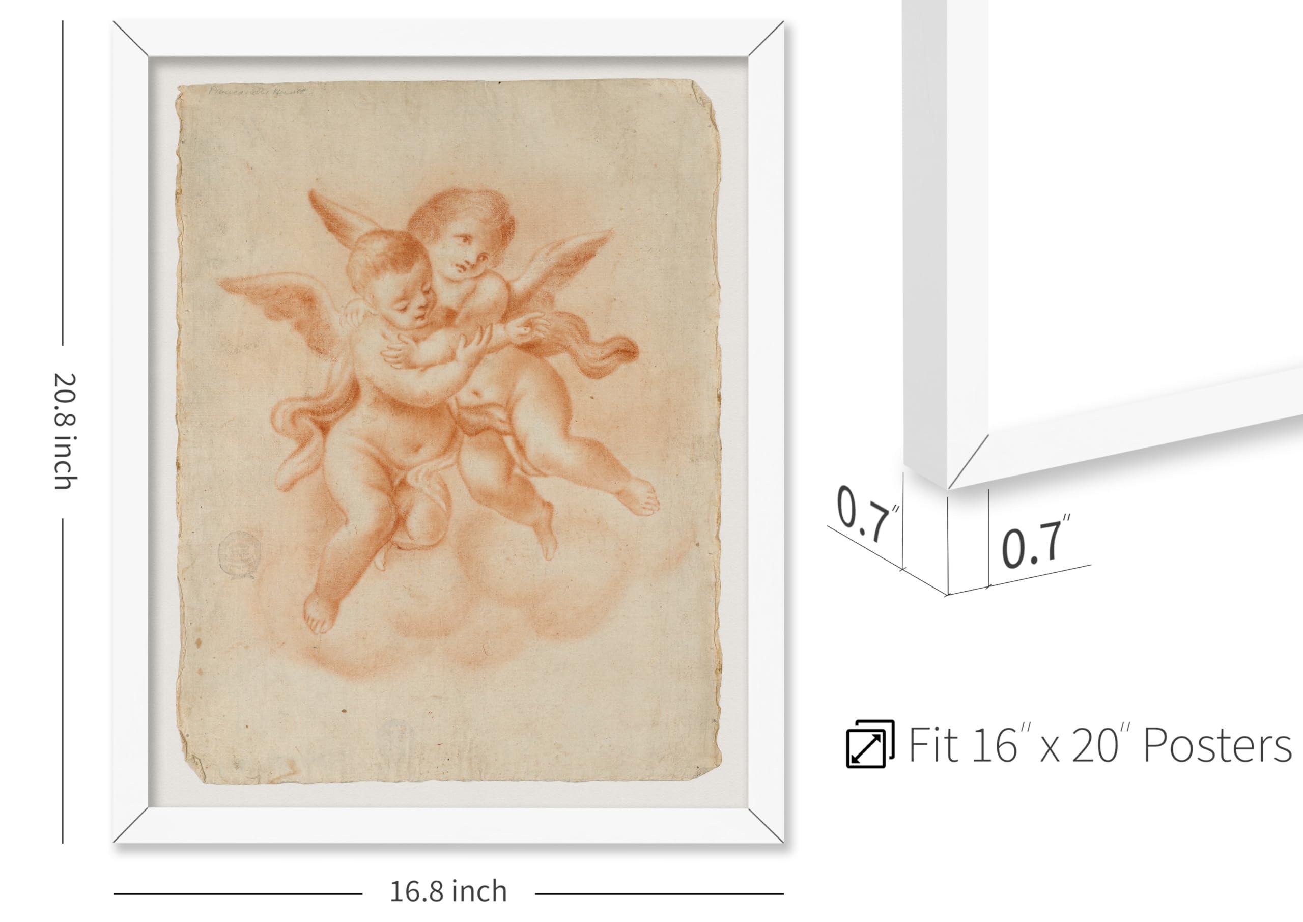 Monem Art Studio Monem Art Vintage Winged Putti in Clouds Poster - Retro Embrace Print - Mythology Art - Putto Art - Gift for Men & Women - Decor for Office, Kid\'s Room or Living Room, 16x20 White Framed