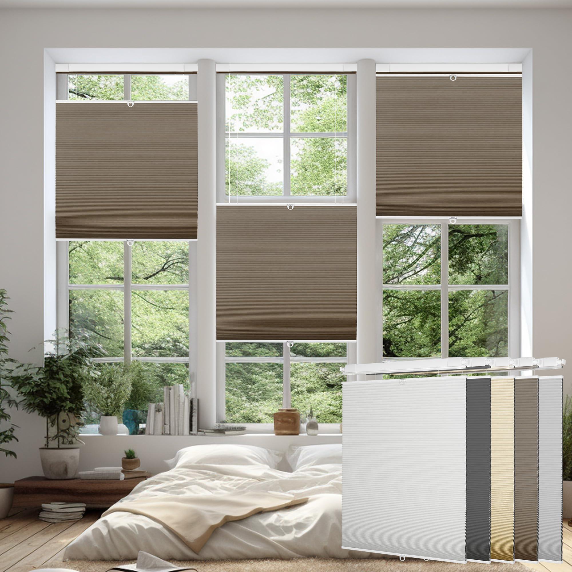 Doing-X Doing-X Cordless Cellular Shades Blackout Top Down Bottom Up No Tool No Drill Honeycomb Cellular Window Blinds Room Darkening French Door Blinds for Kitchen Living Room Office,Brown,29.5" W x 64" H