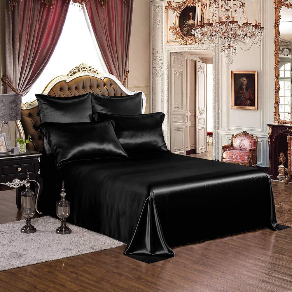 RJ BEDDING RJ BEDDING, Satin Silk Sheet Sets 4Pcs, California King Size(72\"X84\")+20 INCH DEEP Pocket, (Fitted Sheet, Flat Sheet, 2PC Pillow Cases), Breathable, Soft & Durable, Black
