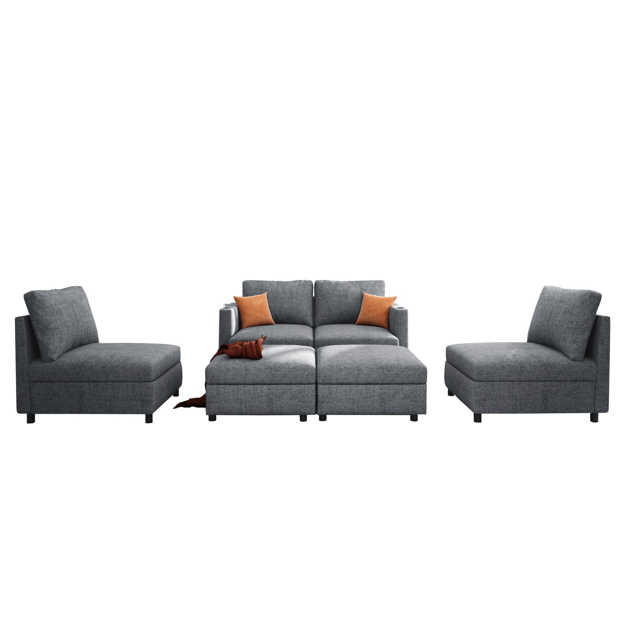 DEINPPA DEINPPA U-Shape Modular Sectional Couch with Storage Compartment, 6-Seat Sectional Sofa Couch with Ottoman, Sleeper Sectional Couch for Living Room Chenille Fabric-Grey