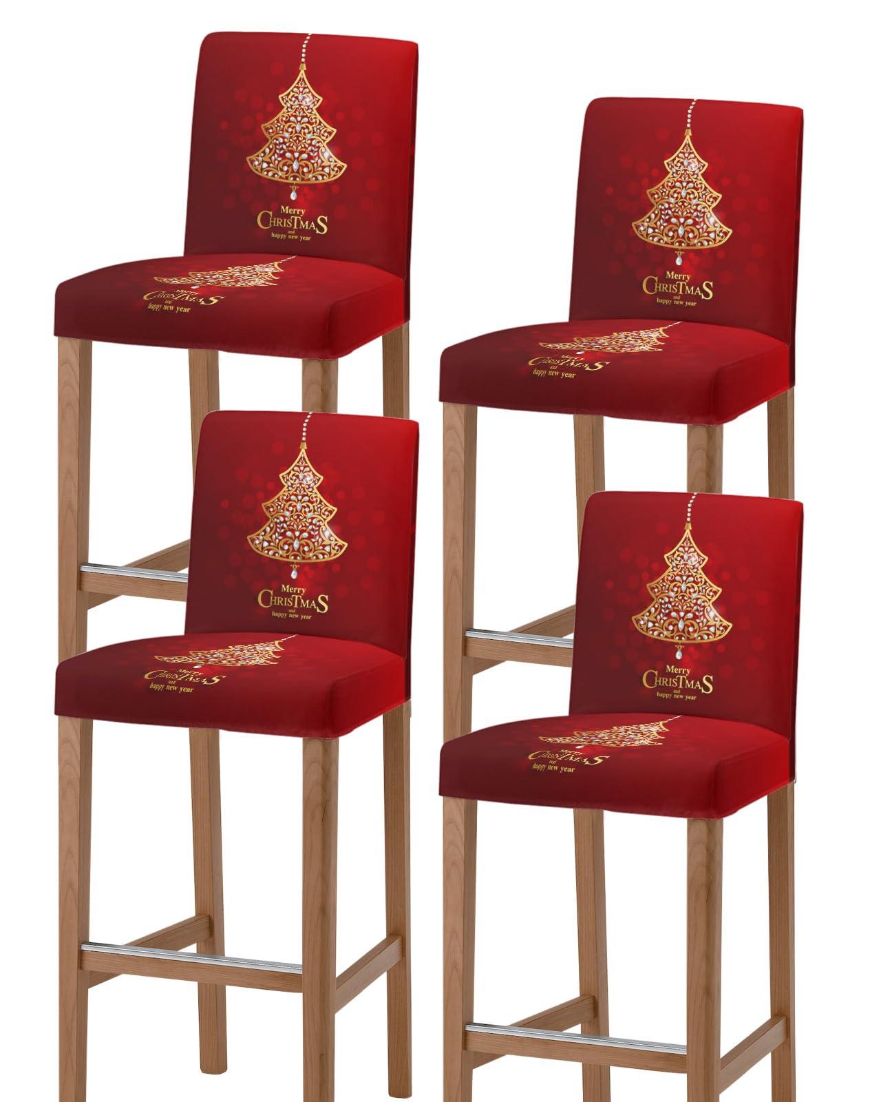 Anzona Anzona Christmas Bar Stool Cover Set of 4, Xmas Tree Red Ombre Merry Christmas Stretch Bar Chair Cover, Removable Washable Pub Counter Stool Chair Slipcover for Kitchen Dining Room Pub Cafe