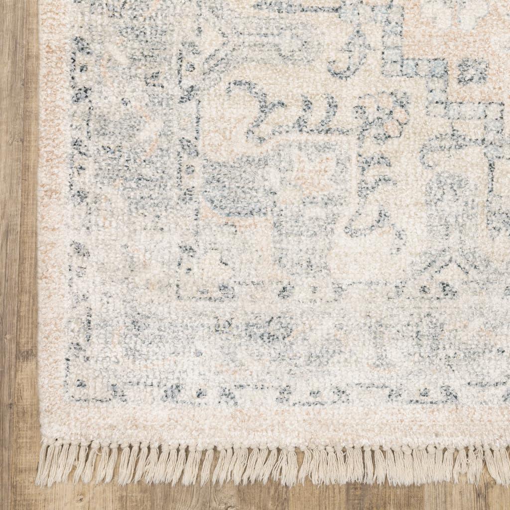 HomeRoots 10' X 13' Beige and Grey Oriental Hand Loomed Stain Resistant Area Rug with Fringe