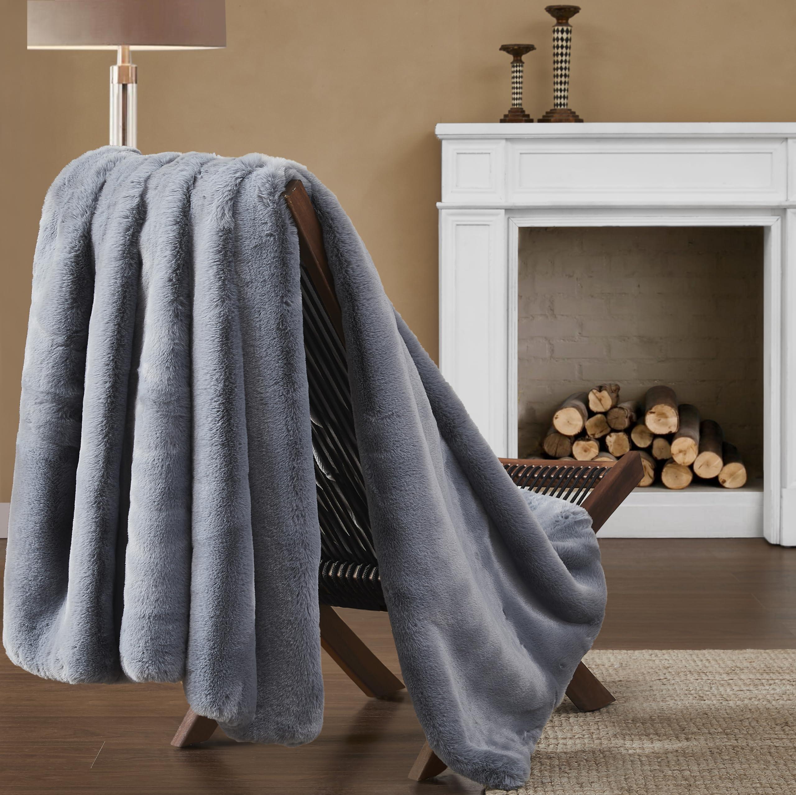 UGG UGG 11069 Euphoria Plush Faux Fur Reversible Throw Cozy Fuzzy Fluffy Blanket for Couch Bed Hotel Style Luxury Machine Washable Home Decor Luxurious Soft Throws for Sofa, 70 x 50-Inch, Chambray
