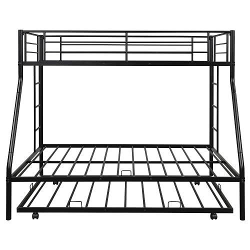 TOPAMZER Twin Over Full Bunk Bed with Trundle, Metal Bed Frame with 2 Ladders No Box Spring Needed, for Adult Boys Girls (Black)
