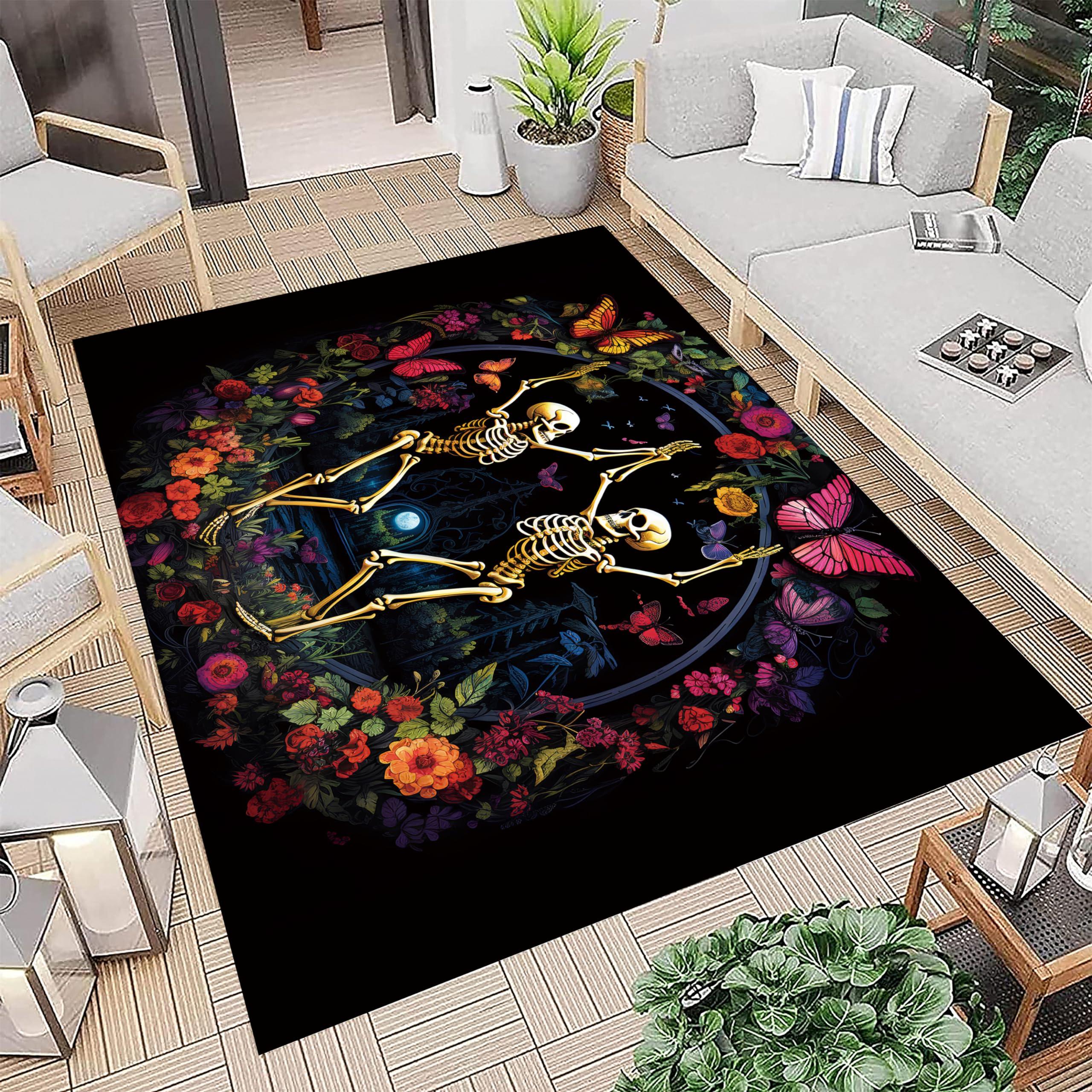 RUGROOM RUGROOM Skeleton Area Rug Butterfly Garden Dancing Skull Print Non-Slip Washable Floor Mat Modern Floral Rug for Living Room Bedroom Haunted House Halloween Botanical Rugs 4x6ft