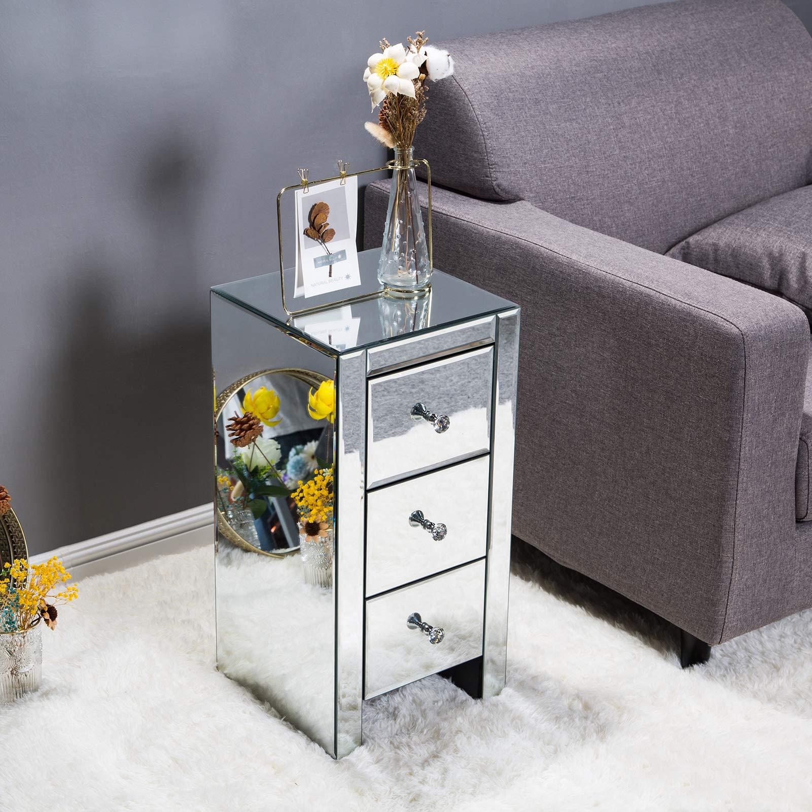 Vasitelan Mirrored Nightstand End Table Bedside Table for Bedroom, Living Room, Silver (Style 1)