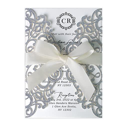 ponatia ponatia 25PCS 5.12 x 7.1 \'\' Champagne Gold Glitter Laser Cut Wedding Invitations Cards with Envelopes for 5x7 Invitation Cards Wedding Baby Bridal Shower Engagement Sweet 16 Birthday Invite