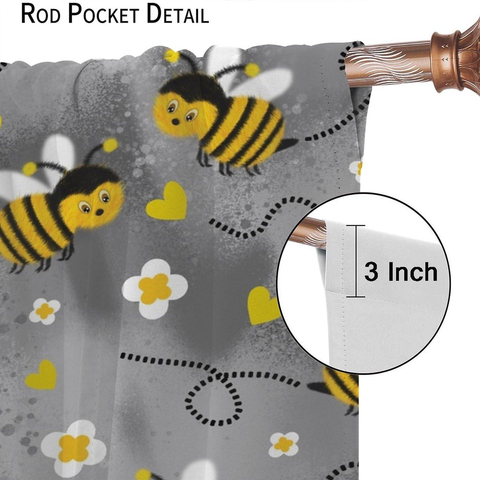 HZOHNAGO HZOHNAGO Bee Curtains Cute Bees White Flowers Grey Blackground Blackout Print Rod Pocket Window Drapes for Bedroom Living Room 84x84in