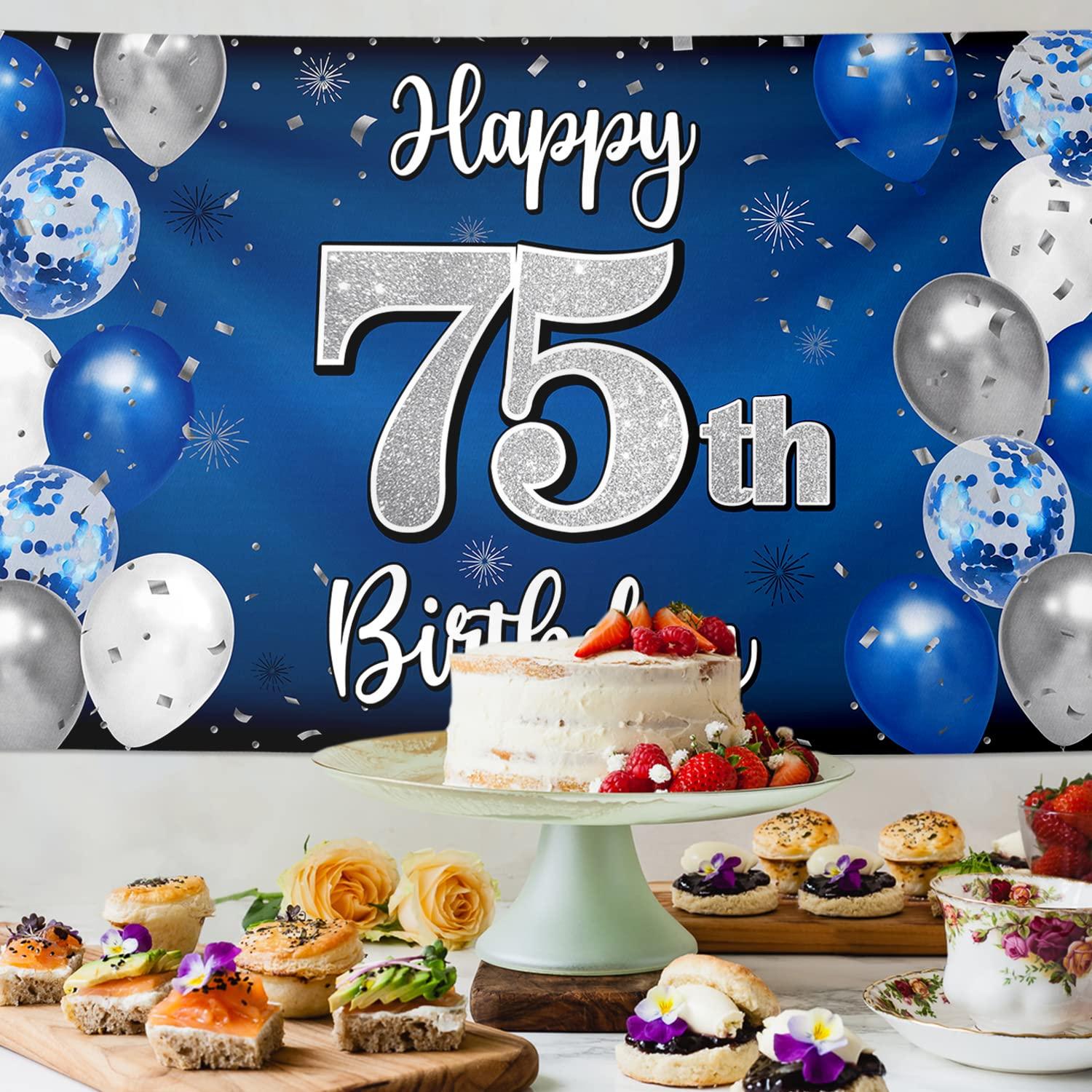 Nelbiirth Nelbiirth Happy 75th Birthday Decorations,75th Blue & Silver Balloon Large Birthday Banner Backdrop Sign,75th Bday Party Supplies.