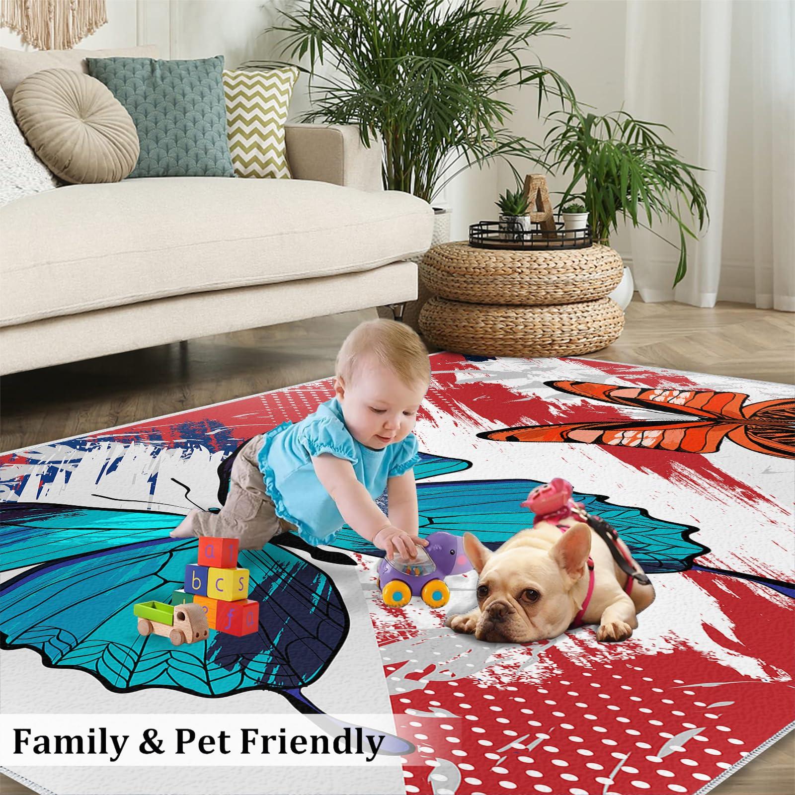 RUHEYIA Butterfly Area Rug, Watercolor Butterfly Carpet for Bedroom, with Non-Slip Backing Ideal Washable Flannel Carpet for Girl Living Room Office Home8 x 10ft