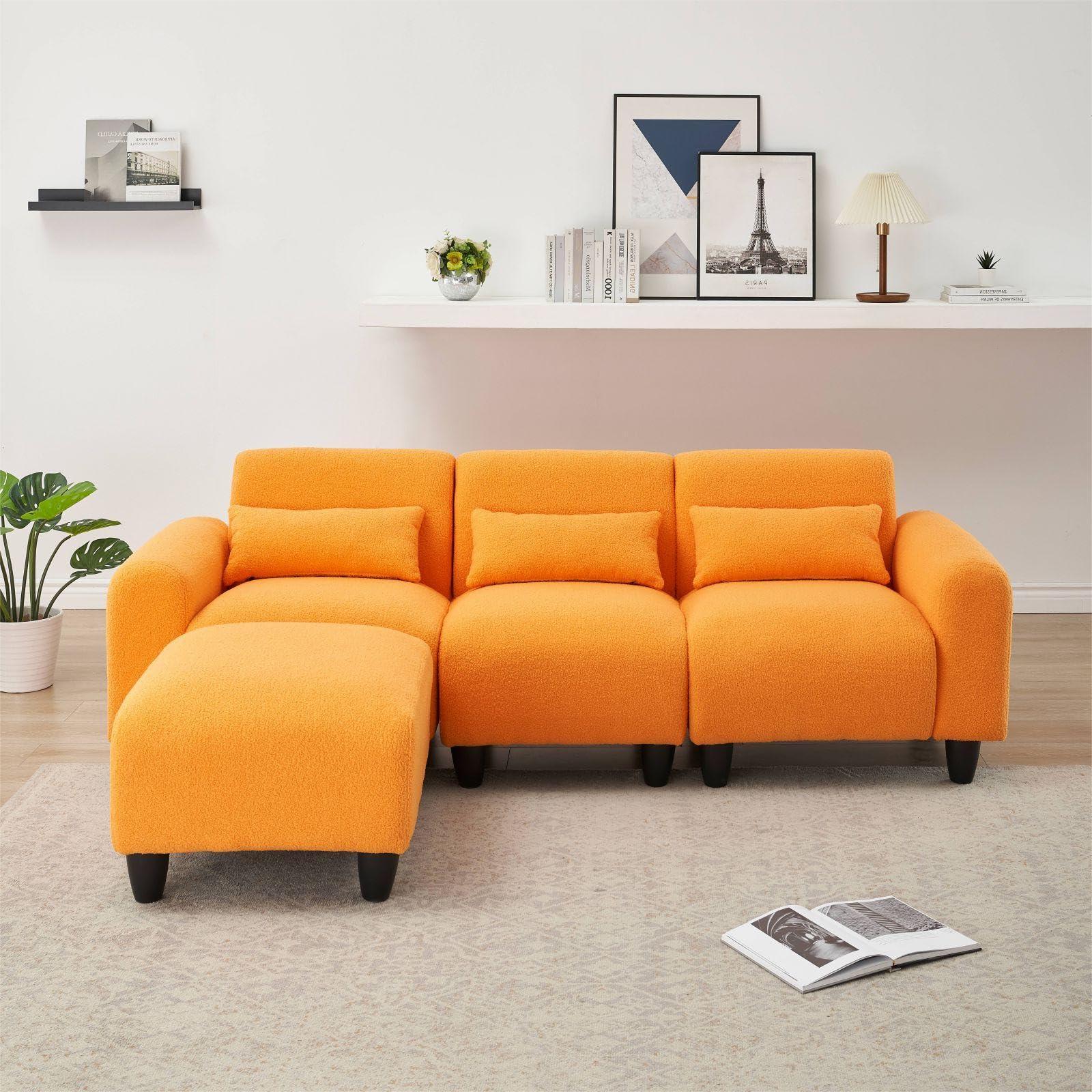 KEVINSPACE KEVINSPACE 84.6" Convertible Sectional Sofa Couch 3-Seat Couch with Convertible Ottoman 3 Pillows Teddy Fabric L-Shape Sofa Indoor Furniture Small Couch for Living Room Apartment Office Orange