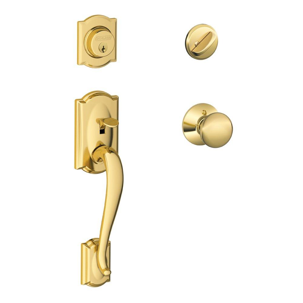 SCHLAGE SCHLAGE Camelot Single Cylinder Handleset and Plymouth Knob, Bright Brass (F60 CAM 605 PLY)