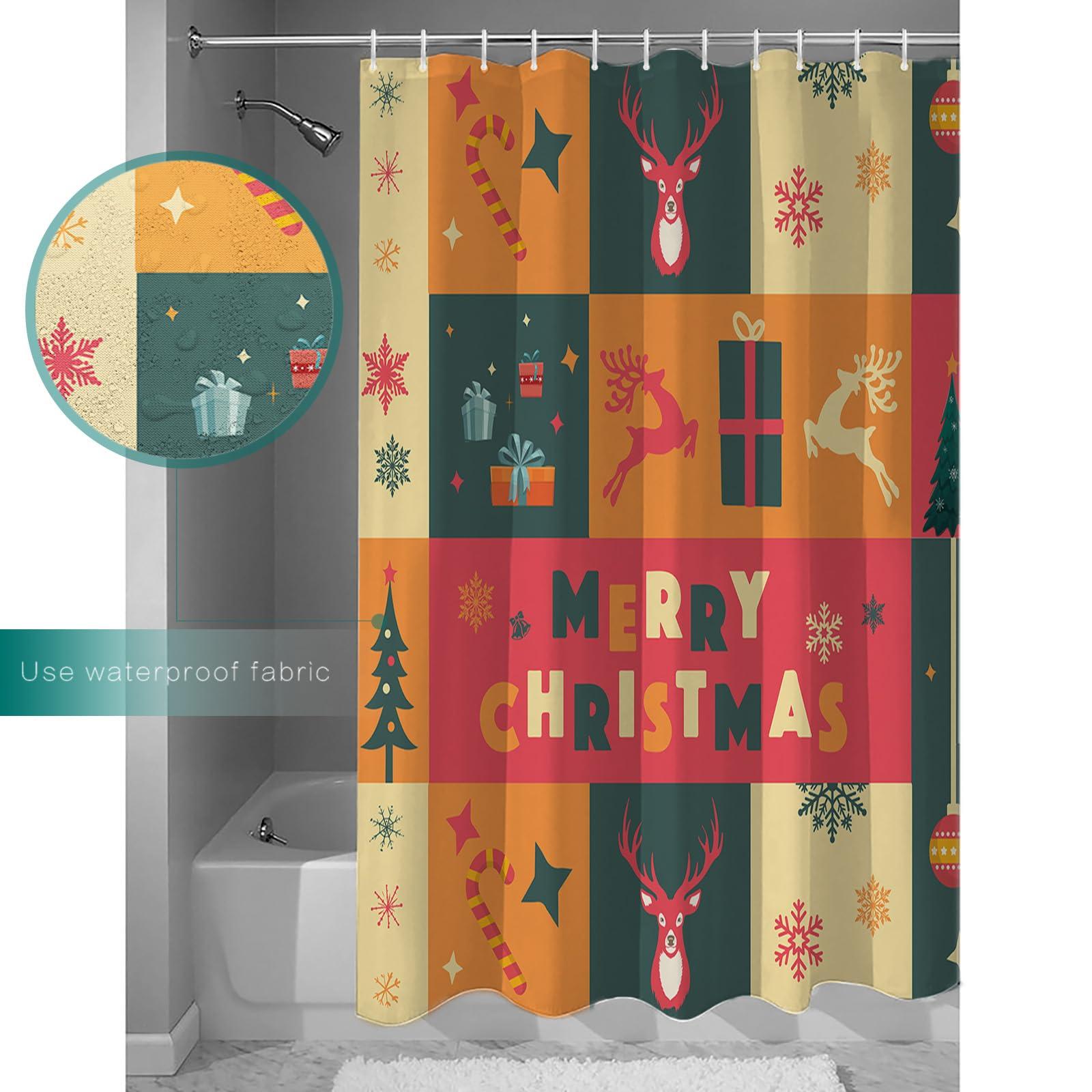 Wotrend Merry Christmas Shower Curtain for Bathroom 72\" x 78\", Xmas Tree Ball Elk Snowflake Gifts Shower Curtain with Hooks Polyester Waterproof Home Bathtub Decor