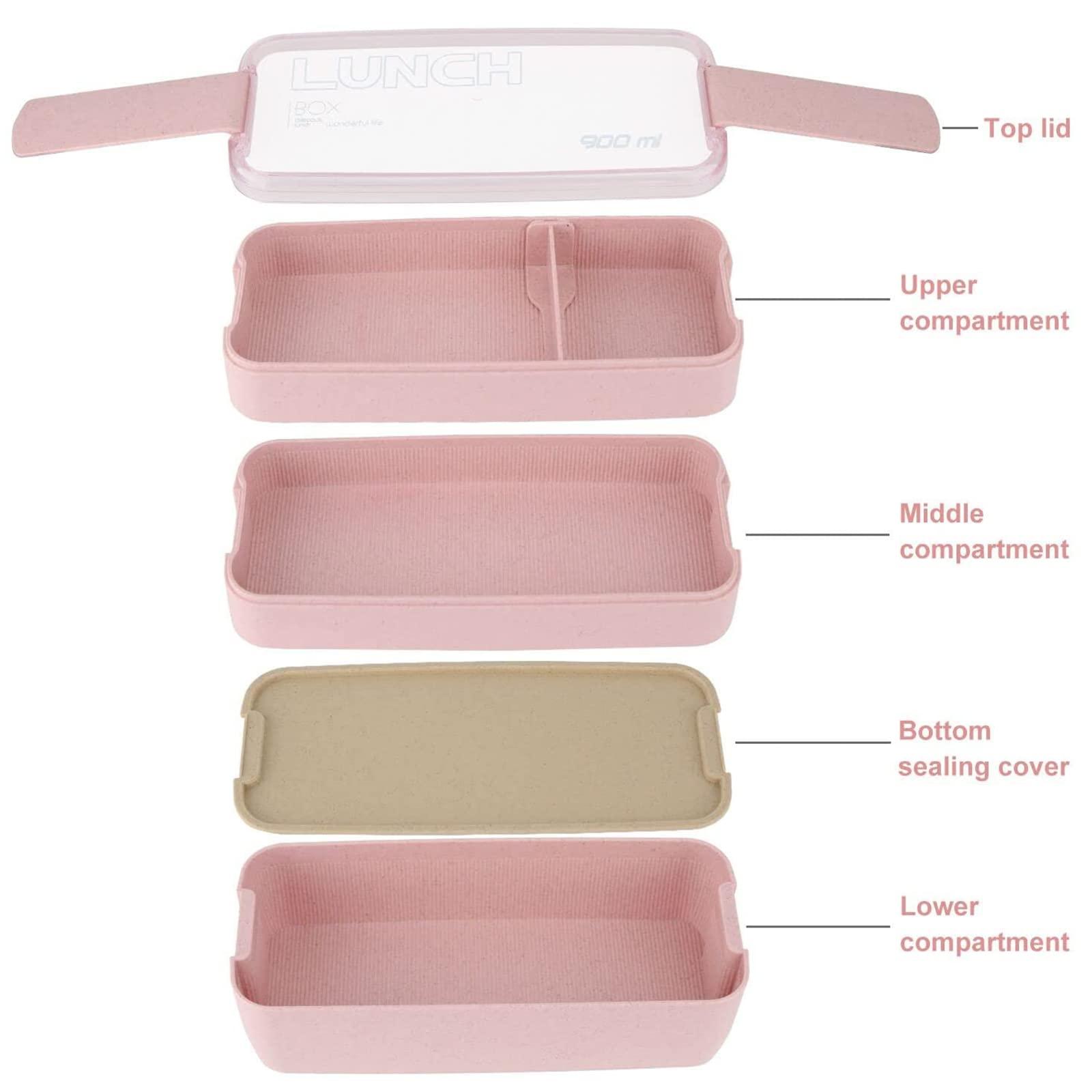 Rarapop Rarapop 2 Pack Stackable Bento Box Japanese Lunch Box Kit with Spoon & Fork, 3-In-1 Compartment Wheat Straw Meal Prep Containers for Kids & Adults (Pink/Beige)