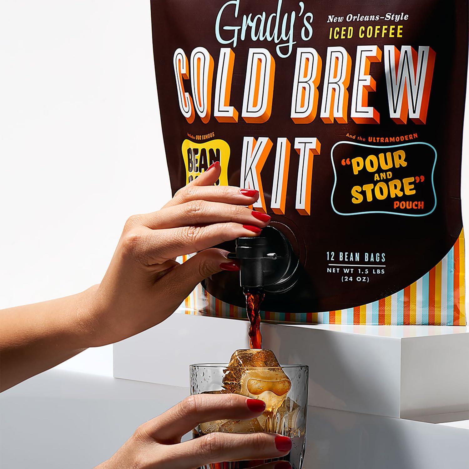 Grady's Cold Brew GRADYS COLD BREW Coffee Pouches | New Orleans Style - DECAF | 100% Arabica Ground Coffee & Chicory | All-in-One Cold Brew Kit with 12 Easy-to-Brew Beans Bags | Makes 36 drinks