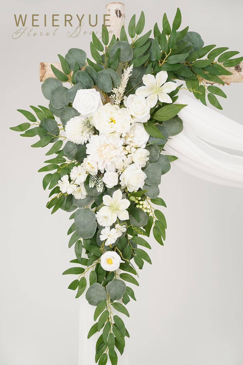 WEIERYUE WEIERYUE Artificial Wedding Arch Flowers Kit(Pack of 3),2Pcs Artificial Flower Arch Decor,1Pcs Sheer Drape for Wedding Ceremony Arbor for WeddingCeremony (Fairy White)