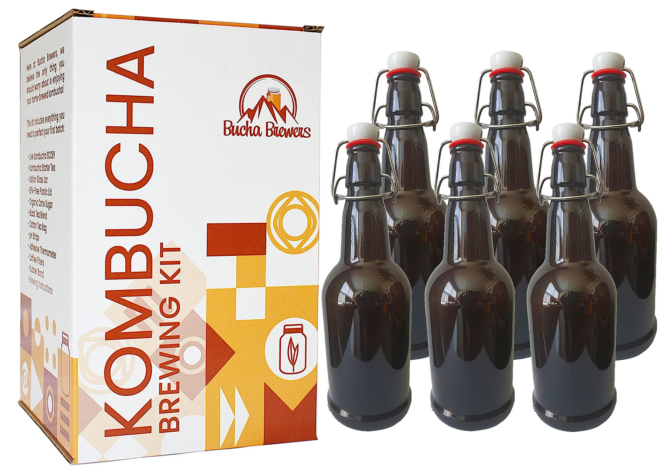Bucha Brewers Bucha Brewers Deluxe Kombucha Starter Kit with Kombucha SCOBY & Starter Tea, Full Kombucha Kit with Bottles Swing Top Glass Bottles Kombucha Brewing Kit + 6 Bottles to Flavor Kombucha (Amber Bottles)