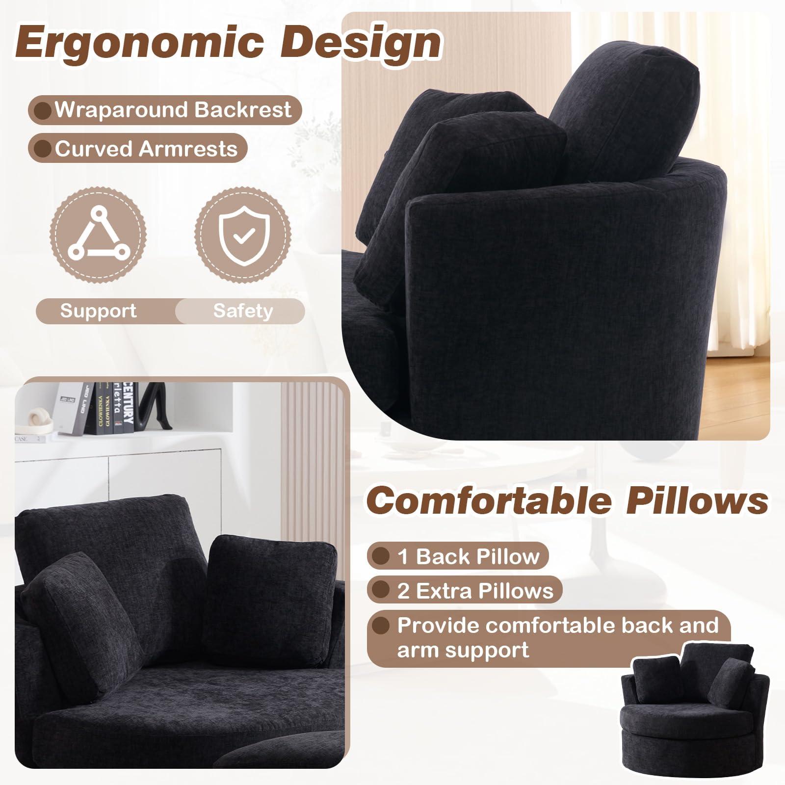 GEEVIVO 42\"W Oversized Swivel Accent Chair with Half Moon Storage Ottoman,360 Degree Chenille Swivel Barrel Chair,Comfy Upholstered Round Swivel Chair,Modern Reading Sofa Arm Chair for Living Room,Club(Black)
